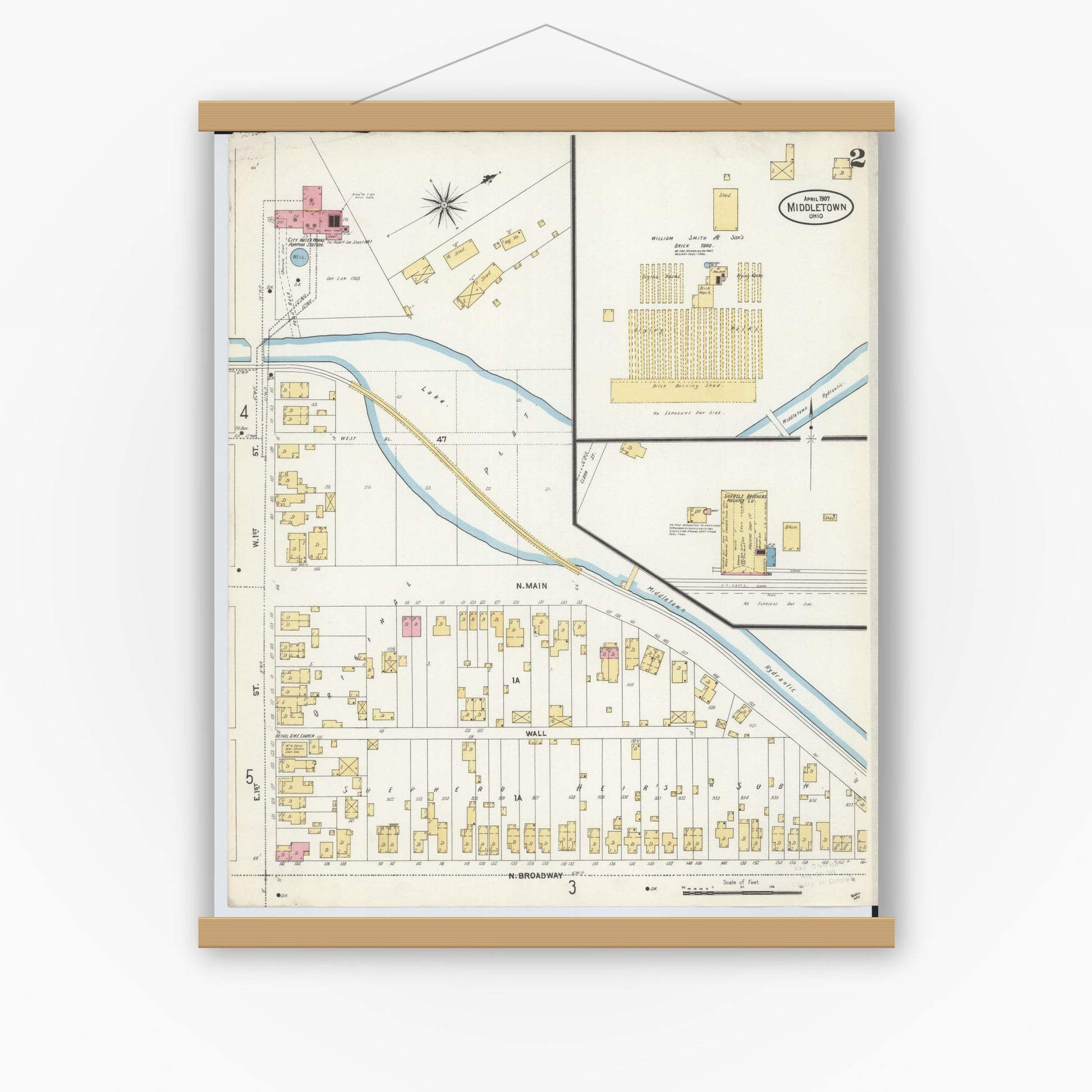 Old map wall art mockup — magnetic wood frame on white wall — Sanborn Fire Insurance Map from Middletown, Butler County, Ohio (1907), Sheet #0002