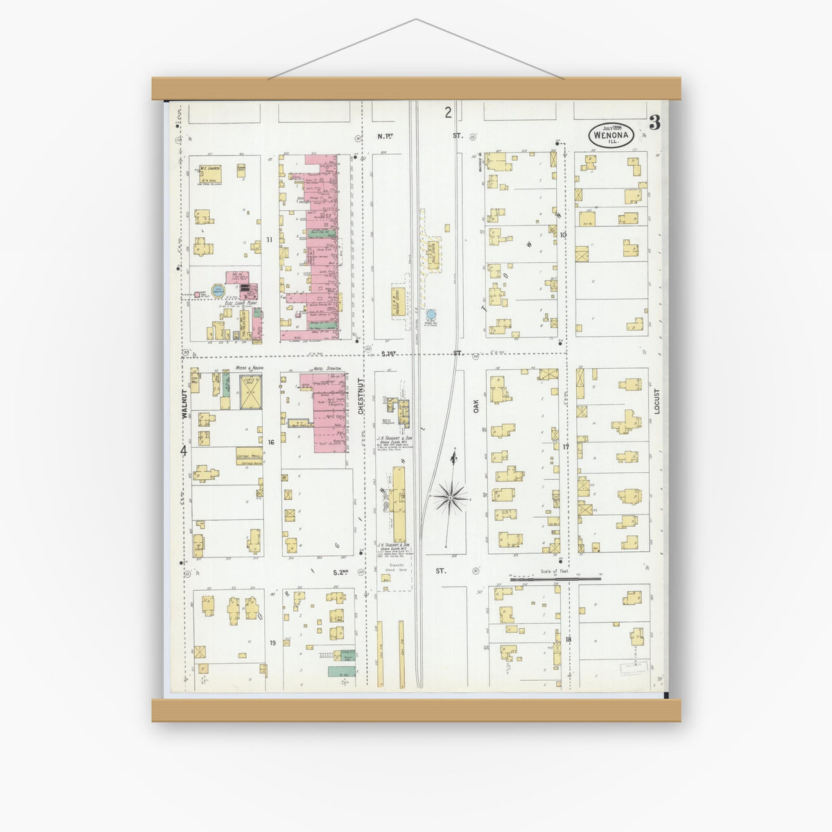 Old map wall art mockup — magnetic wood frame on white wall — Sanborn Fire Insurance Map from Wenona, Marshall County, Illinois (1899), Sheet #0003