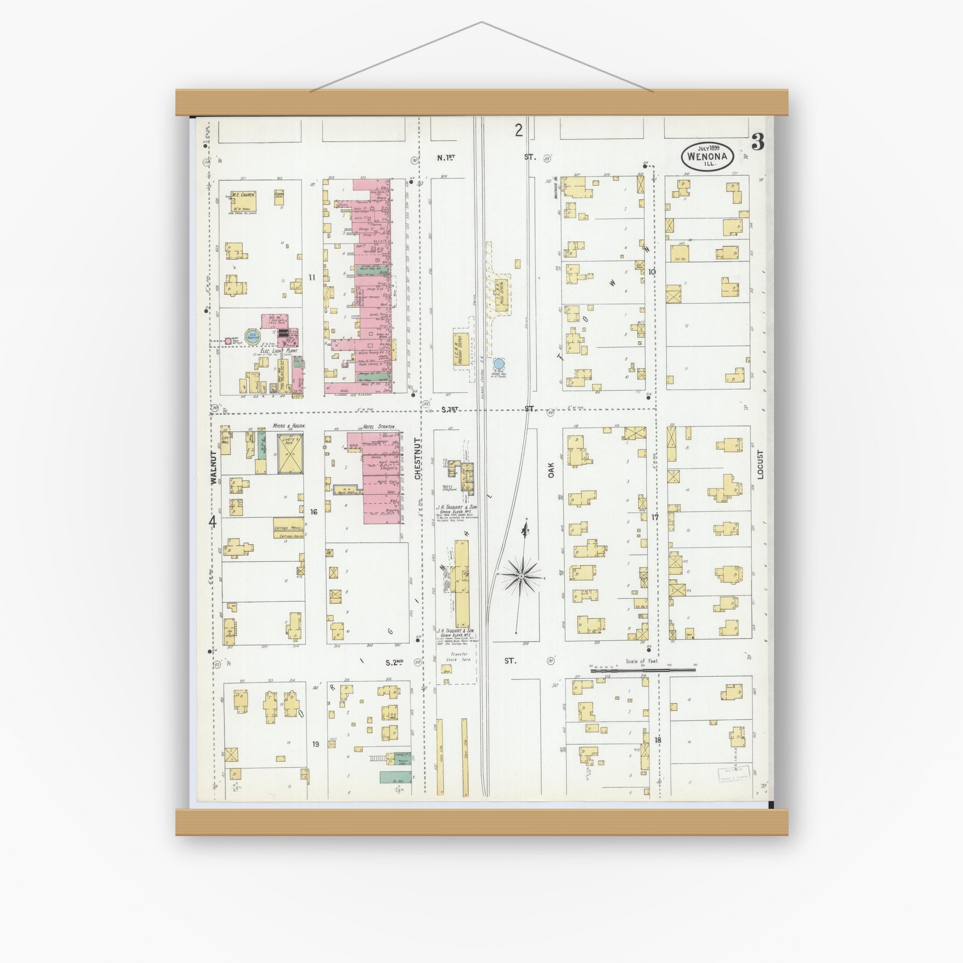 Old map wall art mockup — magnetic wood frame on white wall — Sanborn Fire Insurance Map from Wenona, Marshall County, Illinois (1899), Sheet #0003