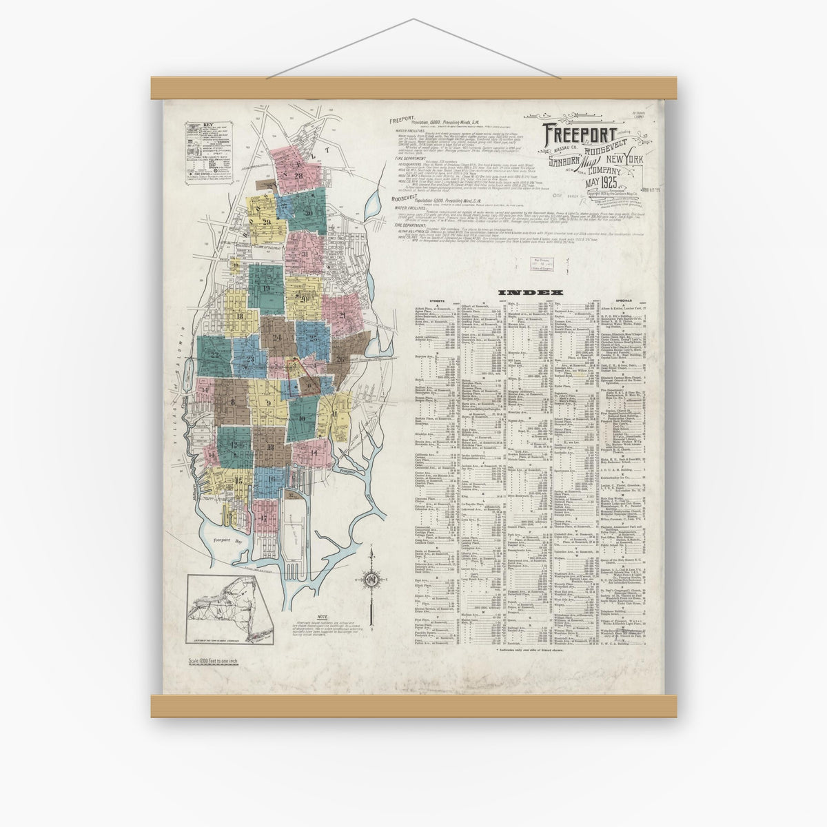 Old map wall art mockup — magnetic wood frame on white wall — Sanborn Fire Insurance Map from Freeport, Nassau County, New York (1925) - Complete Map Set