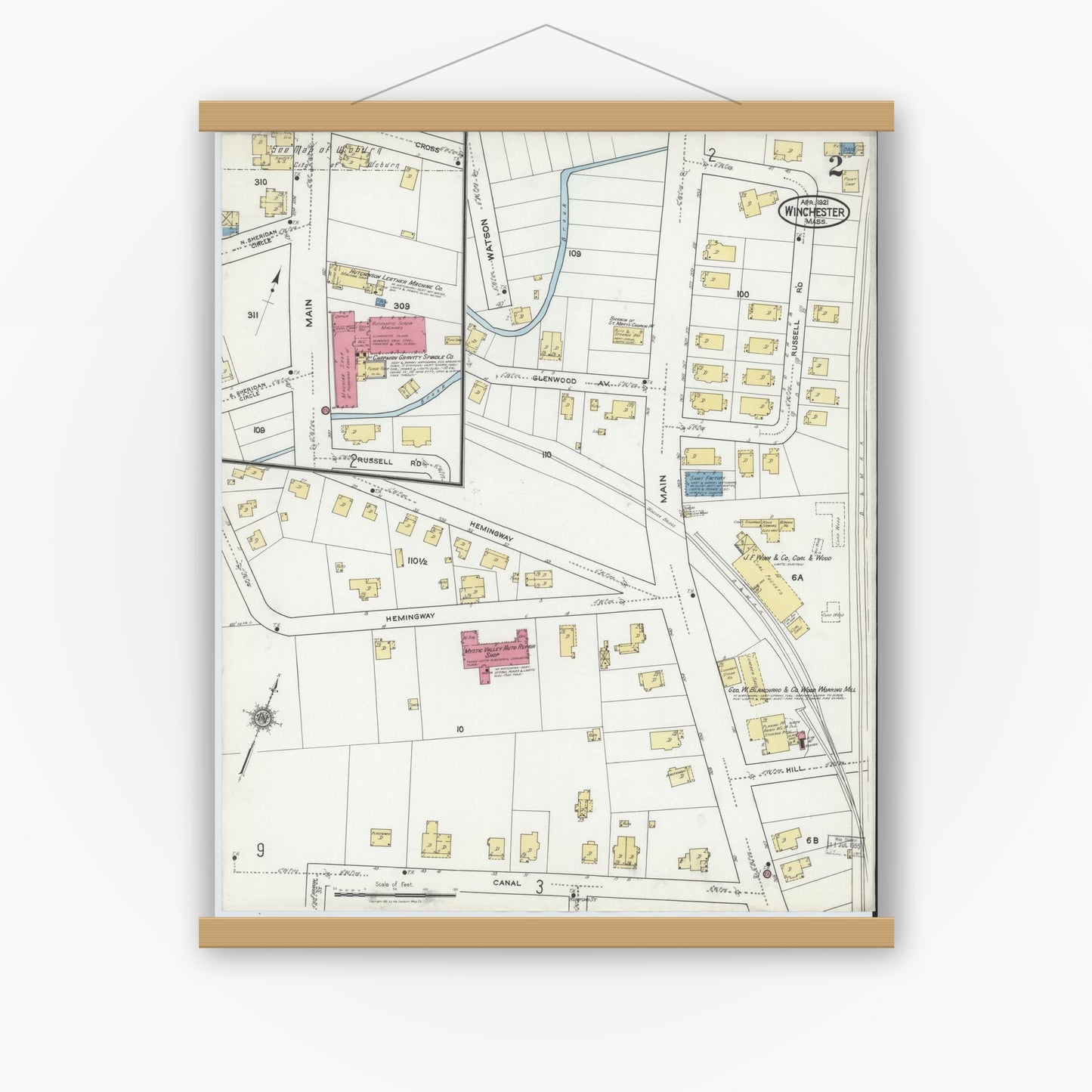 Old map wall art mockup — magnetic wood frame on white wall — Sanborn Fire Insurance Map from Winchester, Middlesex County, Massachusetts (1921), Sheet #0002