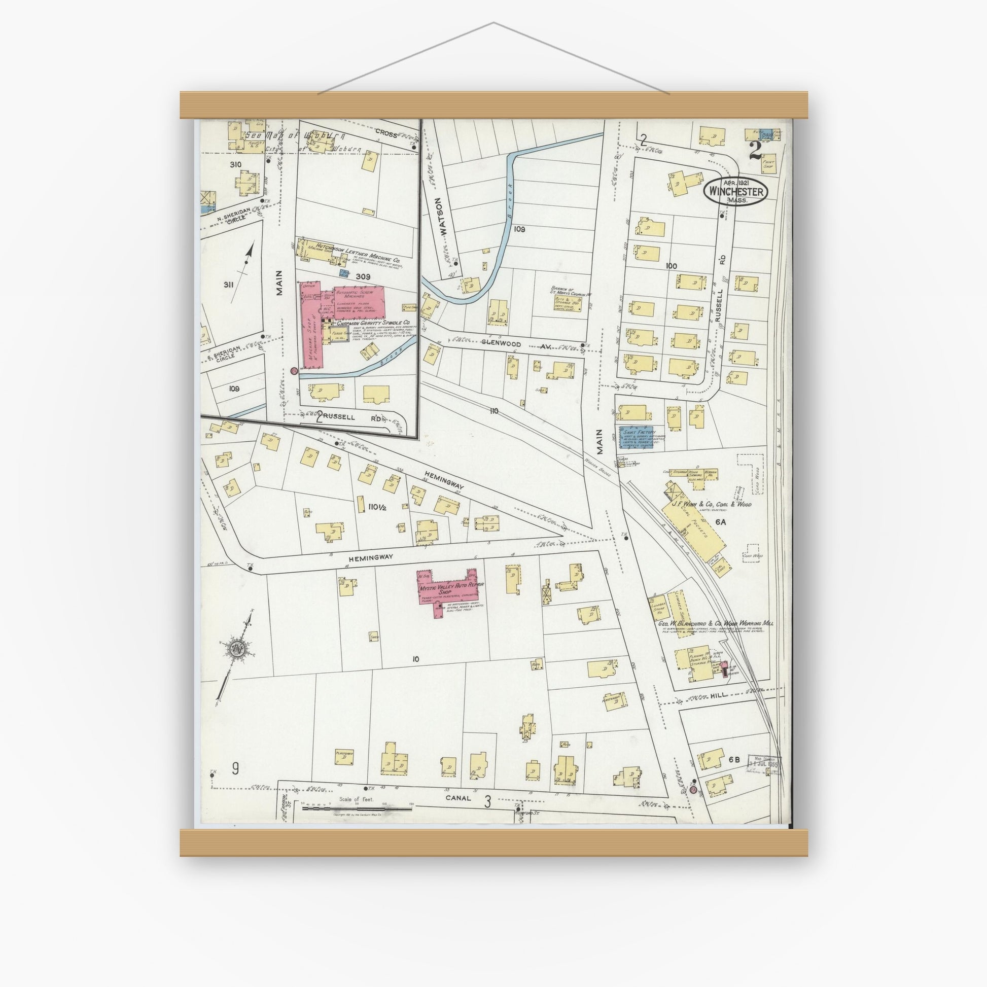 Old map wall art mockup — magnetic wood frame on white wall — Sanborn Fire Insurance Map from Winchester, Middlesex County, Massachusetts (1921), Sheet #0002