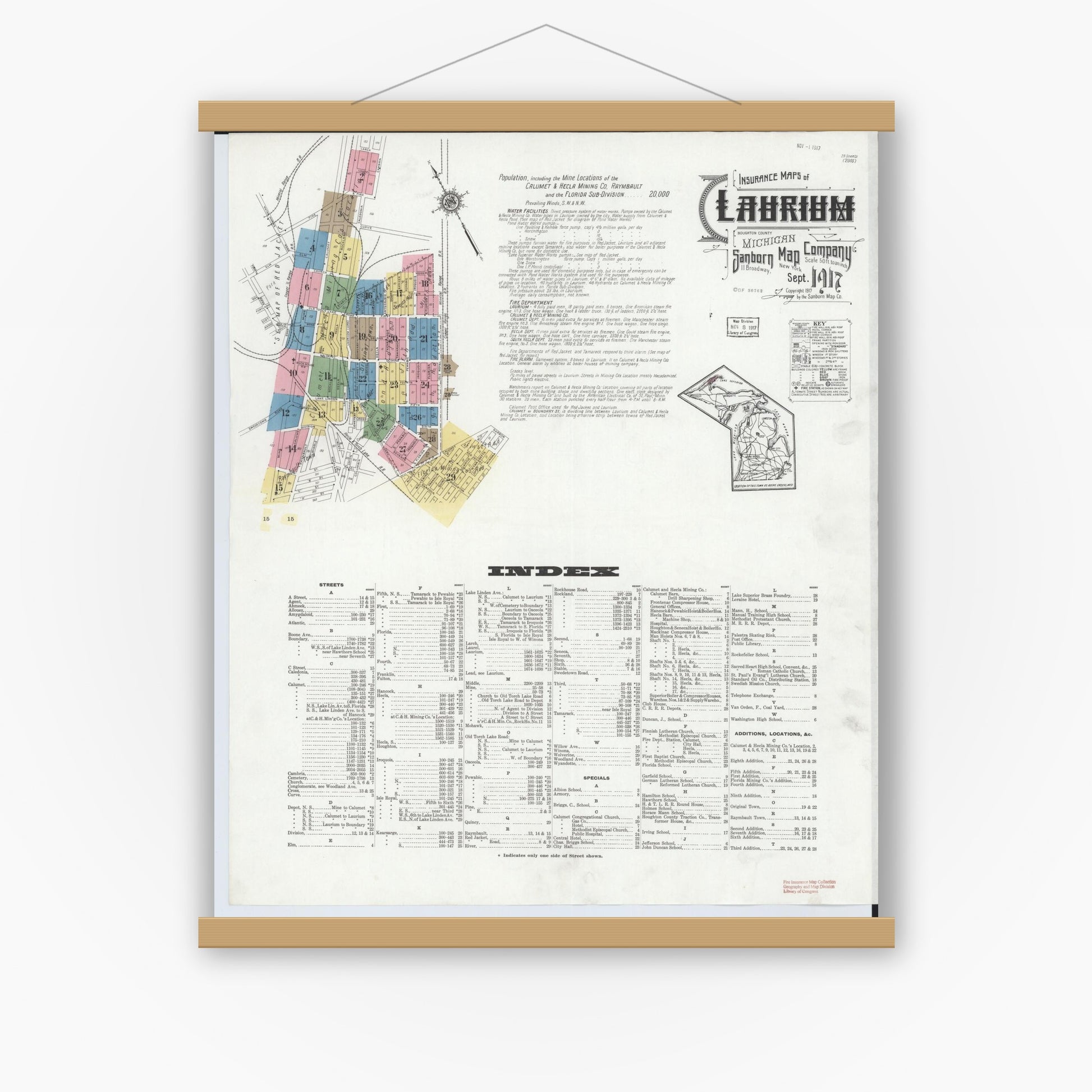 Old map wall art mockup — magnetic wood frame on white wall — Sanborn Fire Insurance Map from Laurium, Houghton County, Michigan (1917) - Complete Map Set