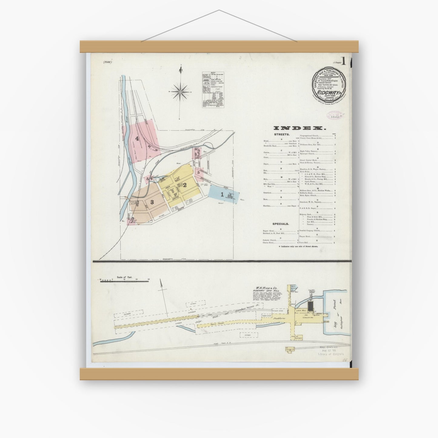 Old map wall art mockup — magnetic wood frame on white wall — Sanborn Fire Insurance Map from Ridgway, Elk County, Pennsylvania (1887) - Complete Map Set