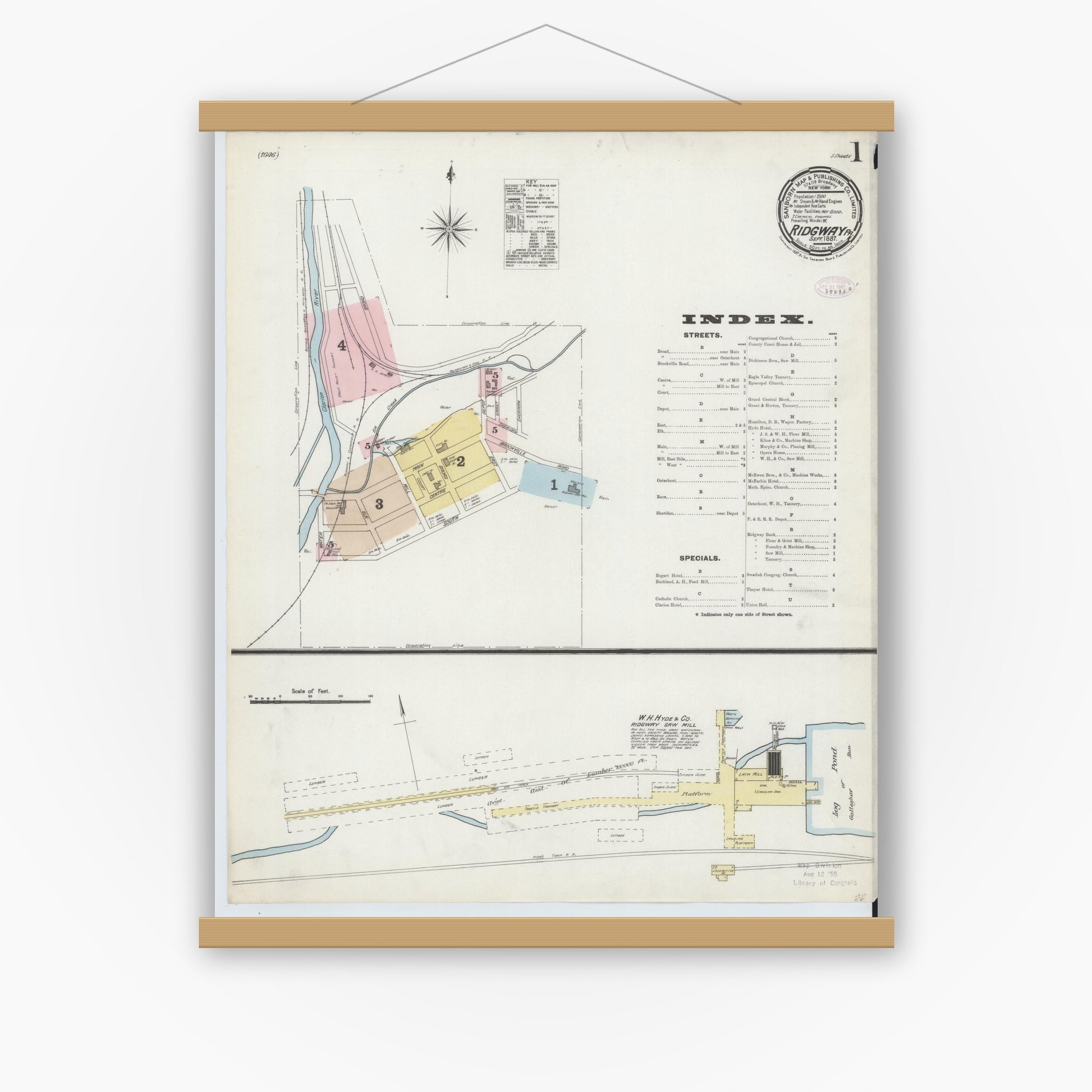Old map wall art mockup — magnetic wood frame on white wall — Sanborn Fire Insurance Map from Ridgway, Elk County, Pennsylvania (1887) - Complete Map Set