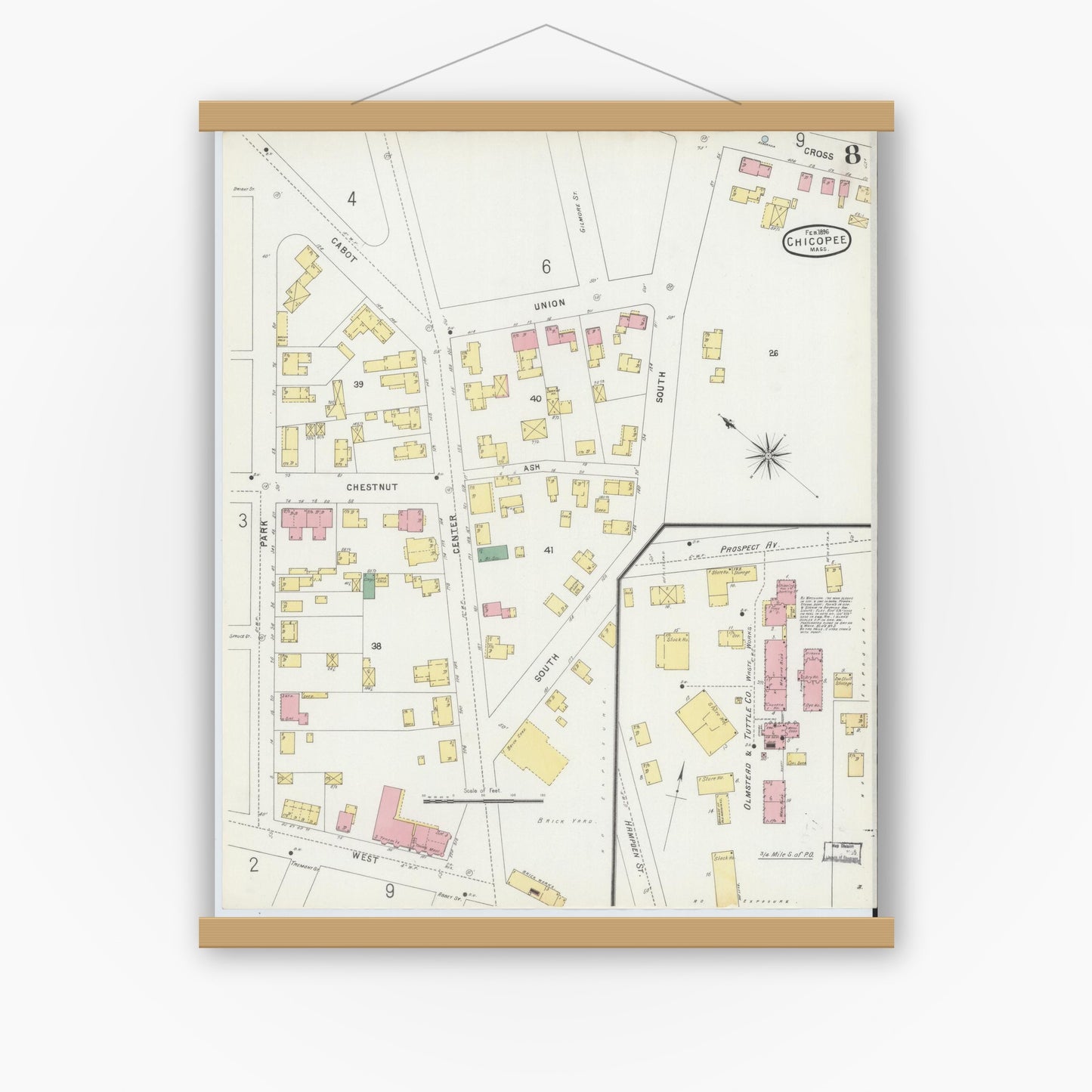 Old map wall art mockup — magnetic wood frame on white wall — Sanborn Fire Insurance Map from Chicopee, Hampden County, Massachusetts (1896), Sheet #0008