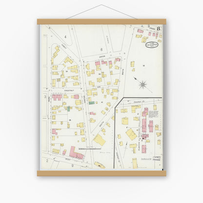 Old map wall art mockup — magnetic wood frame on white wall — Sanborn Fire Insurance Map from Chicopee, Hampden County, Massachusetts (1896), Sheet #0008