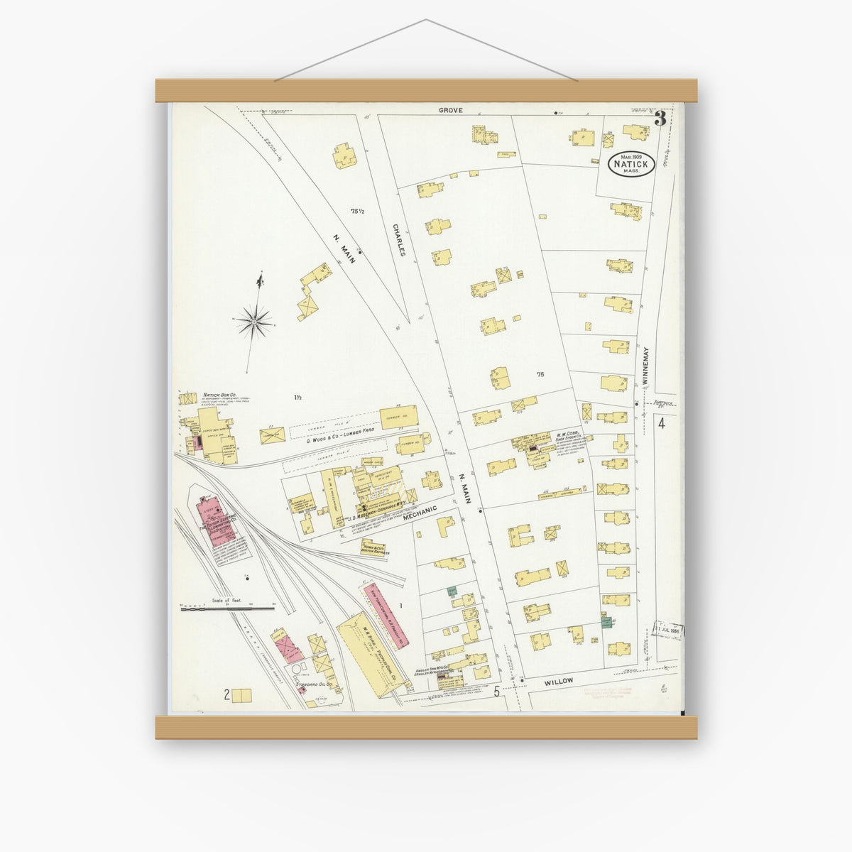 Old map wall art mockup — magnetic wood frame on white wall — Sanborn Fire Insurance Map from Natick, Middlesex County, Massachusetts (1909), Sheet #0003