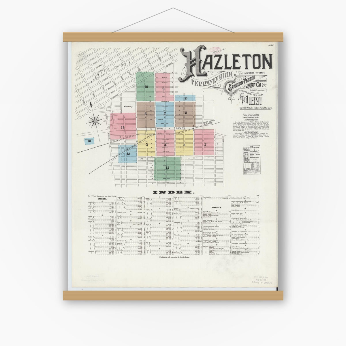 Old map wall art mockup — magnetic wood frame on white wall — Sanborn Fire Insurance Map from Hazleton, Luzerne County, Pennsylvania (1891), Sheet #0001