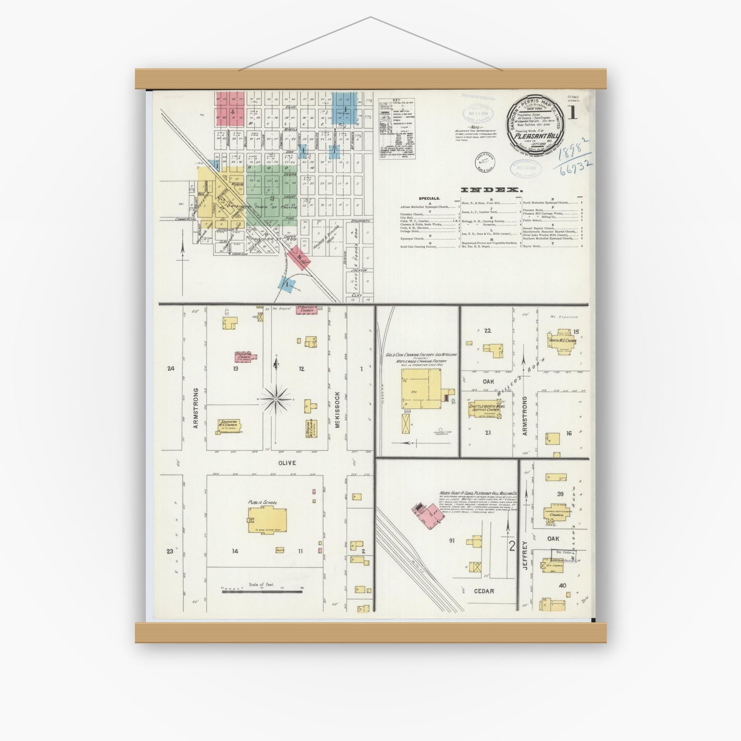 Old map wall art mockup — magnetic wood frame on white wall — Sanborn Fire Insurance Map from Pleasant Hill, Cass County, Missouri (1898) - Complete Map Set