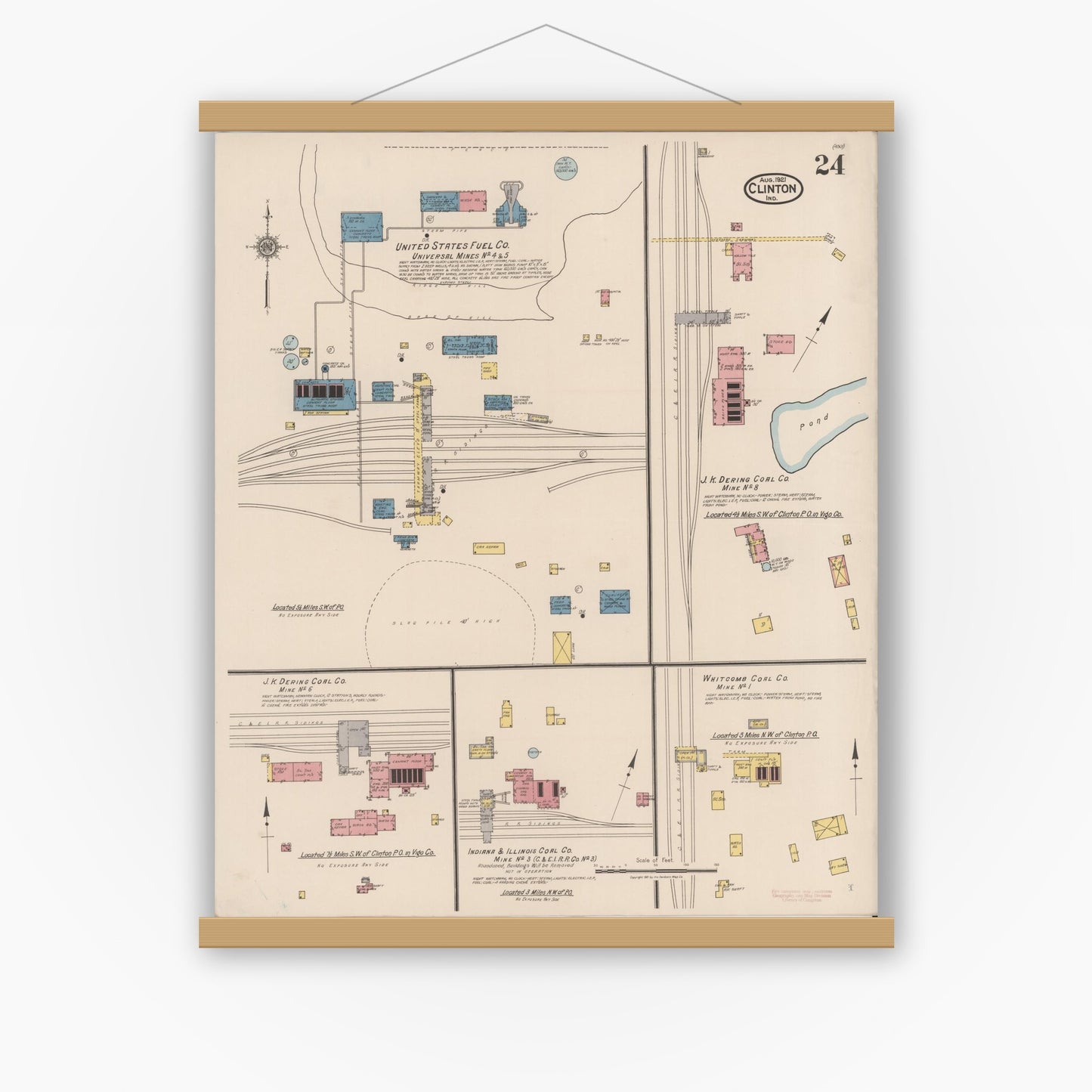 Old map wall art mockup — magnetic wood frame on white wall — Sanborn Fire Insurance Map from Clinton, Vermillion County, Indiana (1921), Sheet #0024