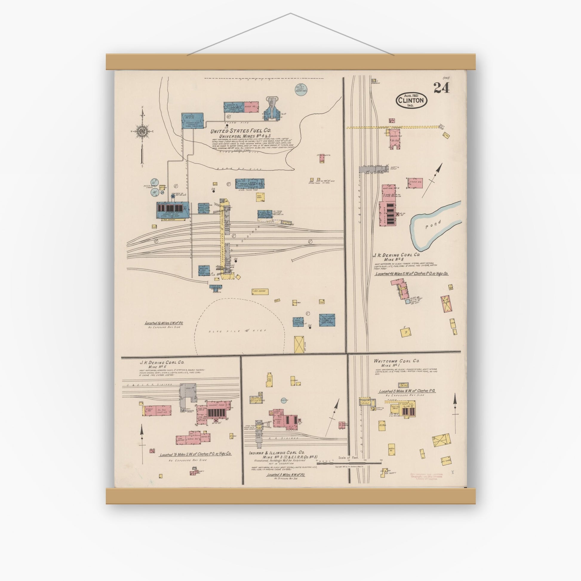 Old map wall art mockup — magnetic wood frame on white wall — Sanborn Fire Insurance Map from Clinton, Vermillion County, Indiana (1921), Sheet #0024