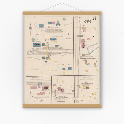 Old map wall art mockup — magnetic wood frame on white wall — Sanborn Fire Insurance Map from Clinton, Vermillion County, Indiana (1921), Sheet #0024