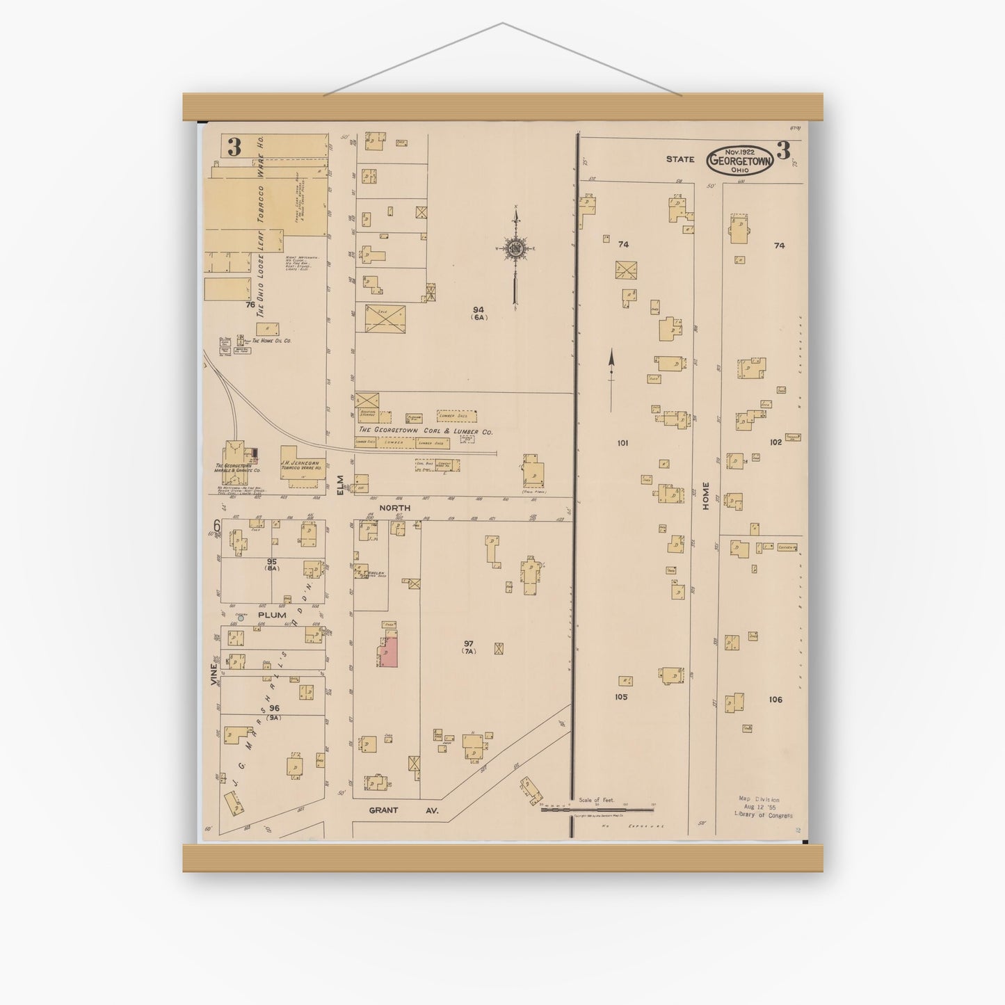 Old map wall art mockup — magnetic wood frame on white wall — Sanborn Fire Insurance Map from Georgetown, Brown County, Ohio (1922), Sheet #0003
