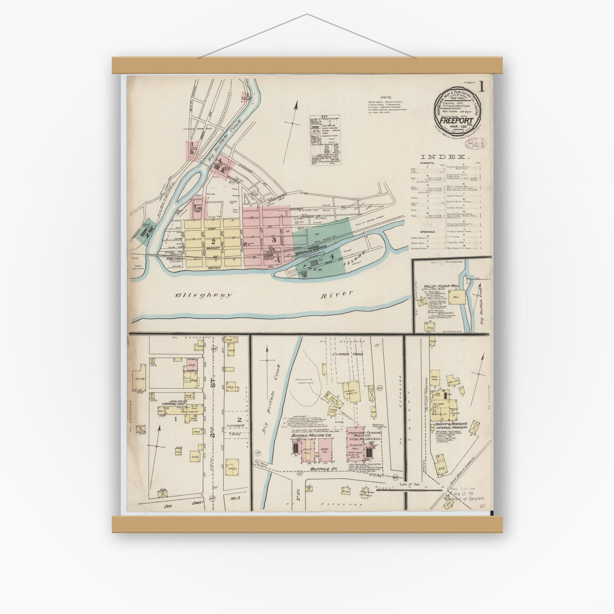 Old map wall art mockup — magnetic wood frame on white wall — Sanborn Fire Insurance Map from Freeport, Armstrong County, Pennsylvania (1886), Sheet #0001