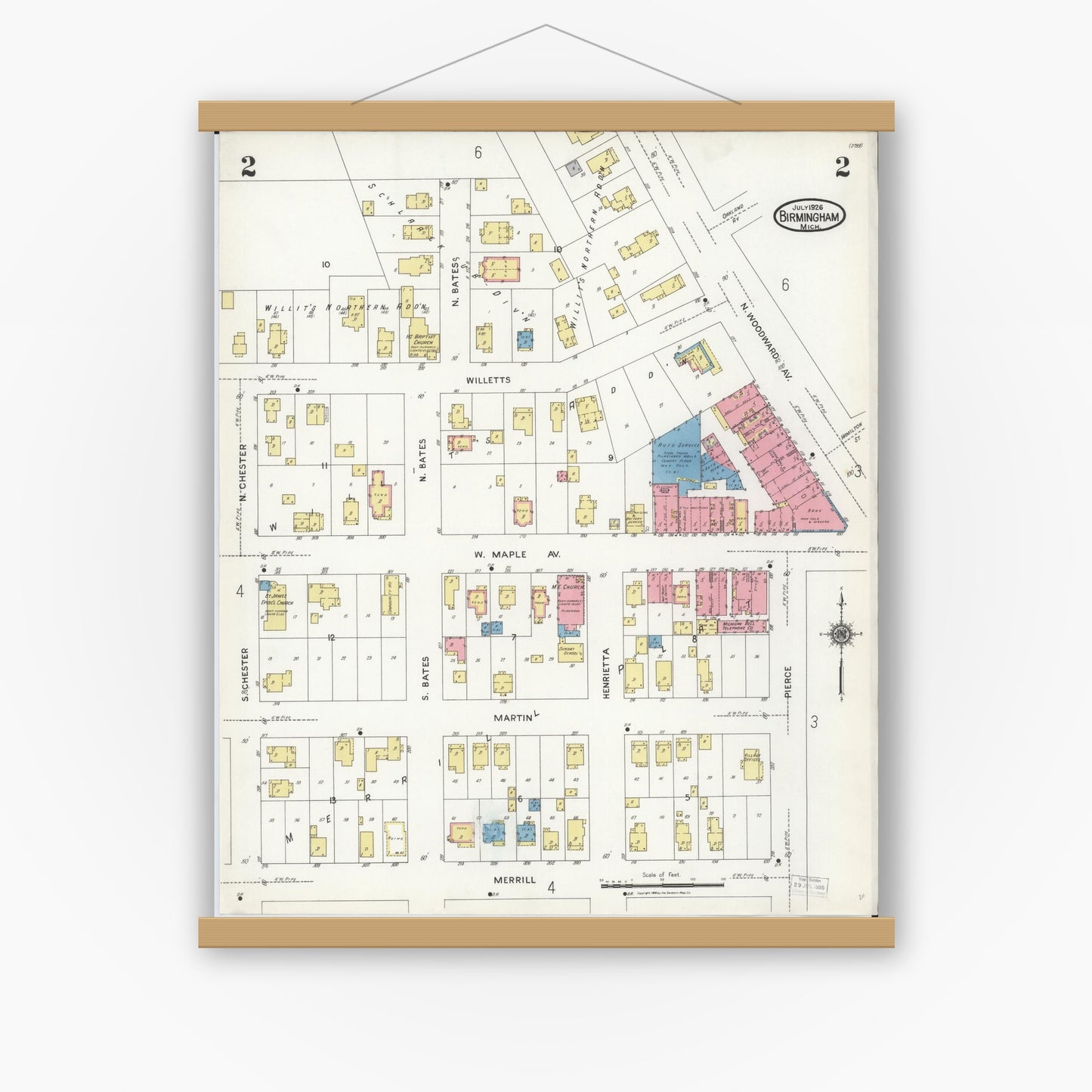 Old map wall art mockup — magnetic wood frame on white wall — Sanborn Fire Insurance Map from Birmingham, Oakland County, Michigan (1926), Sheet #0002