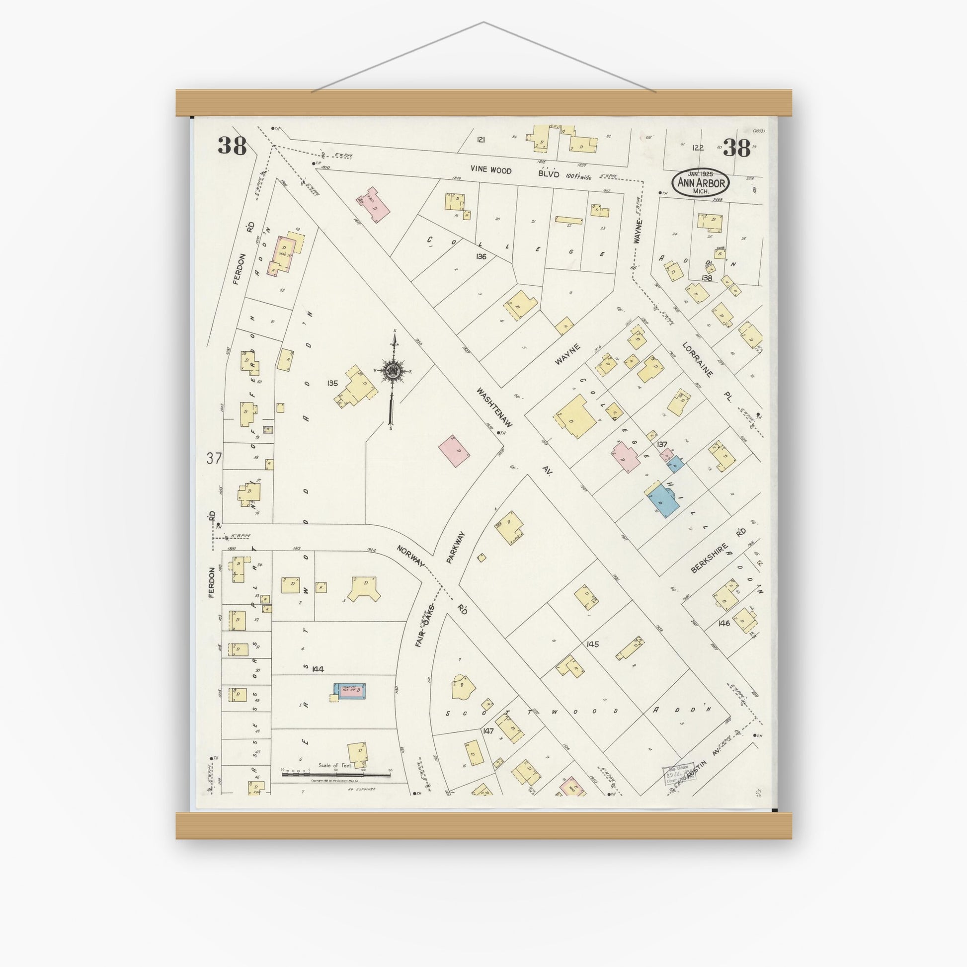 Old map wall art mockup — magnetic wood frame on white wall — Sanborn Fire Insurance Map from Ann Arbor, Washtenaw County, Michigan (1925), Sheet #0038