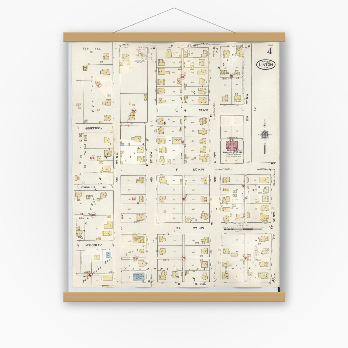 Old map wall art mockup — magnetic wood frame on white wall — Sanborn Fire Insurance Map from Linton, Greene County, Indiana (1948), Sheet #0004