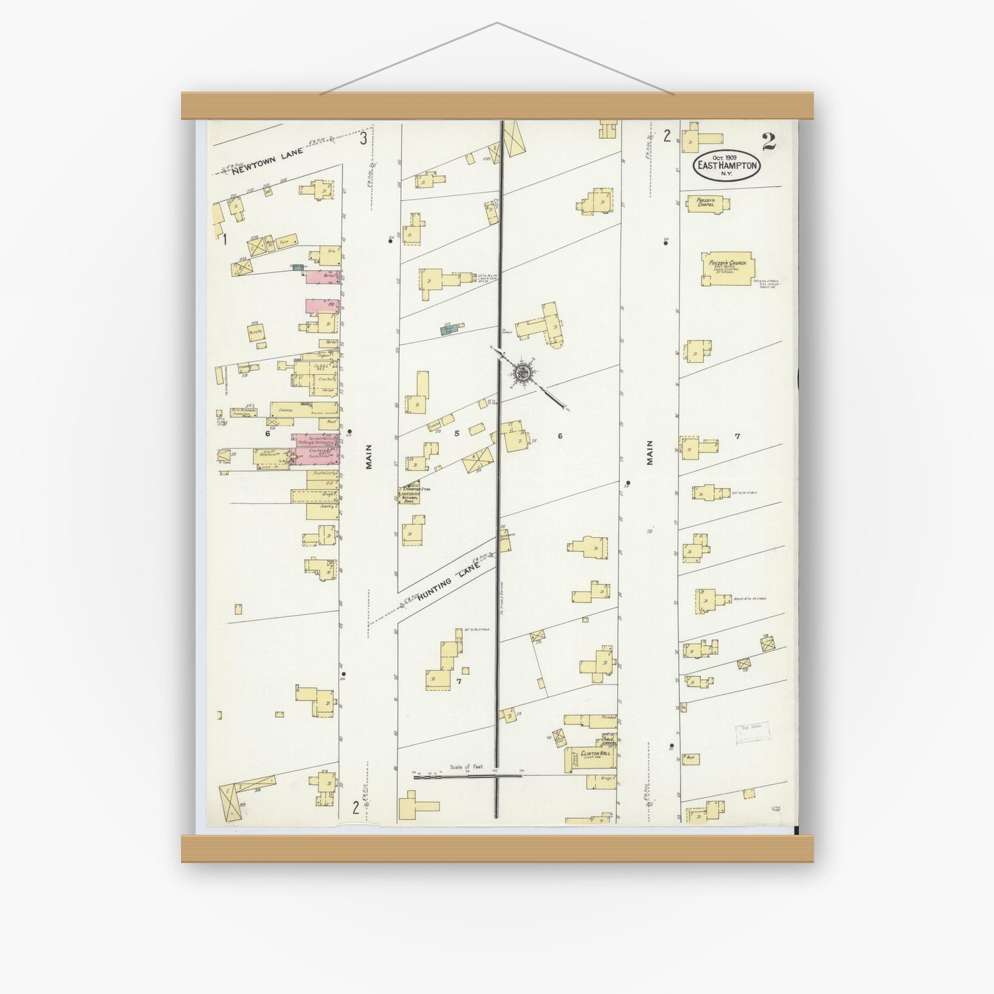 Old map wall art mockup — magnetic wood frame on white wall — Sanborn Fire Insurance Map from Easthampton, Suffolk County, New York (1909), Sheet #0002