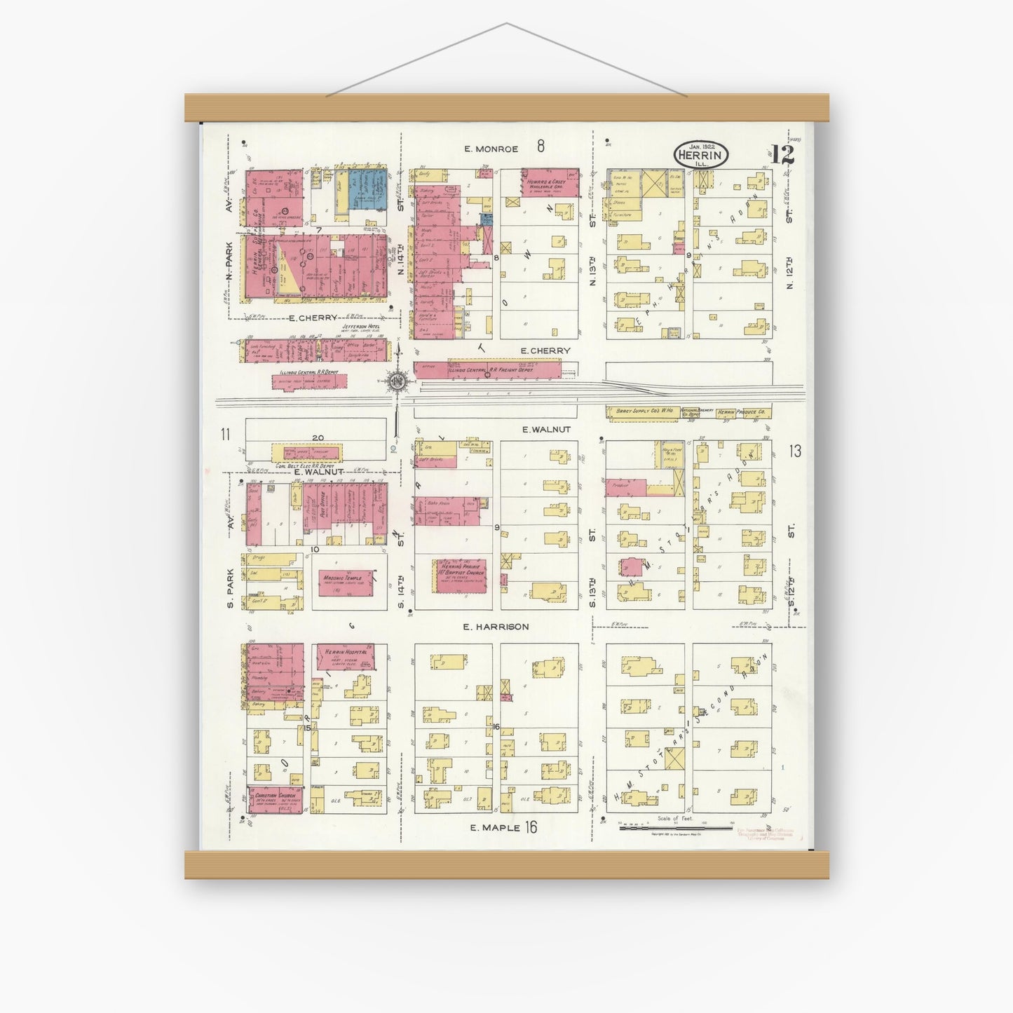 Old map wall art mockup — magnetic wood frame on white wall — Sanborn Fire Insurance Map from Herrin, Williamson County, Illinois (1922), Sheet #0012