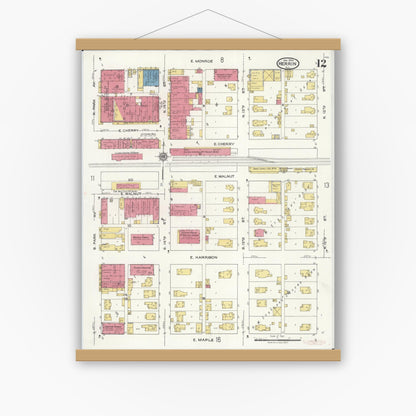 Old map wall art mockup — magnetic wood frame on white wall — Sanborn Fire Insurance Map from Herrin, Williamson County, Illinois (1922), Sheet #0012