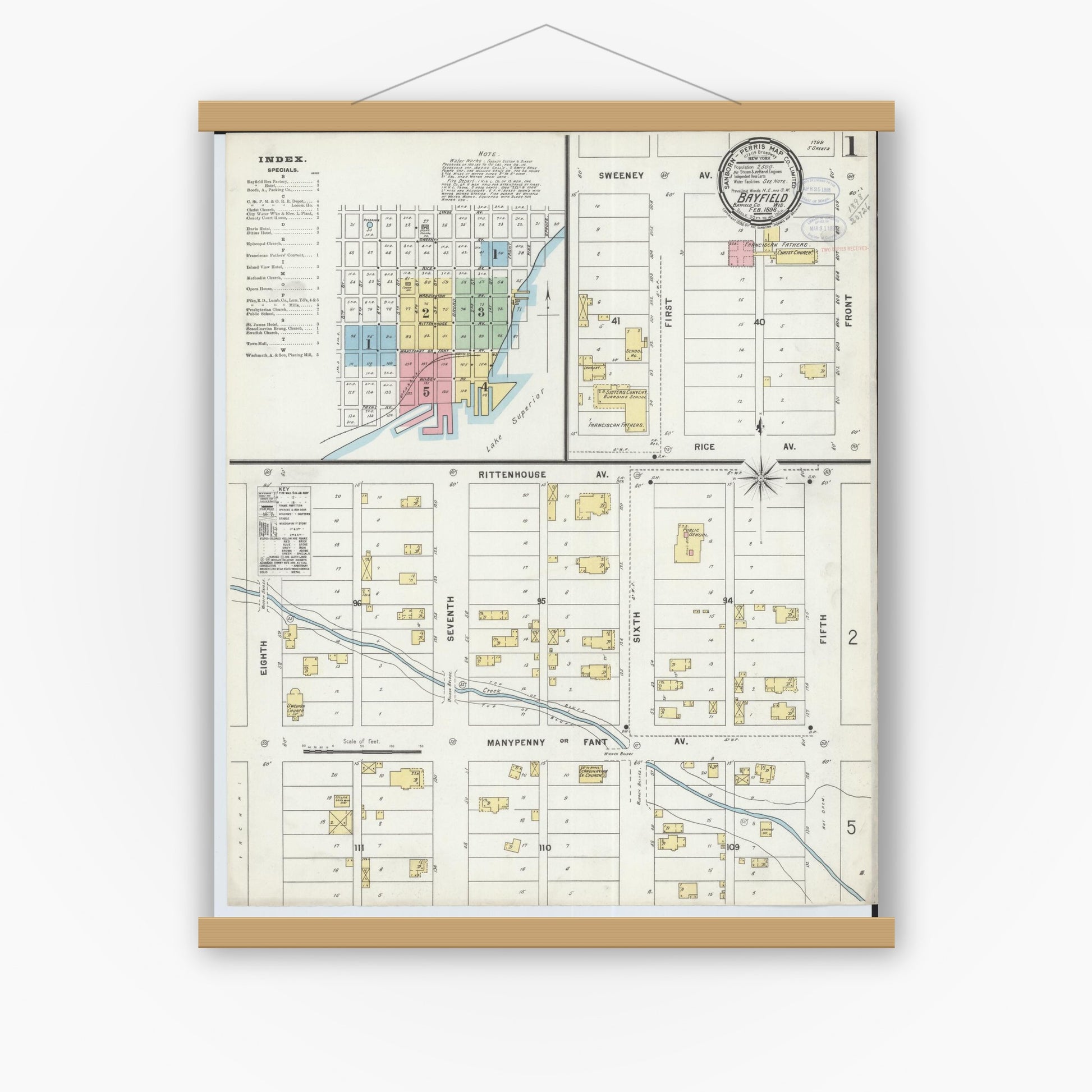 Old map wall art mockup — magnetic wood frame on white wall — Sanborn Fire Insurance Map from Bayfield, Bayfield County, Wisconsin (1898) - Complete Map Set
