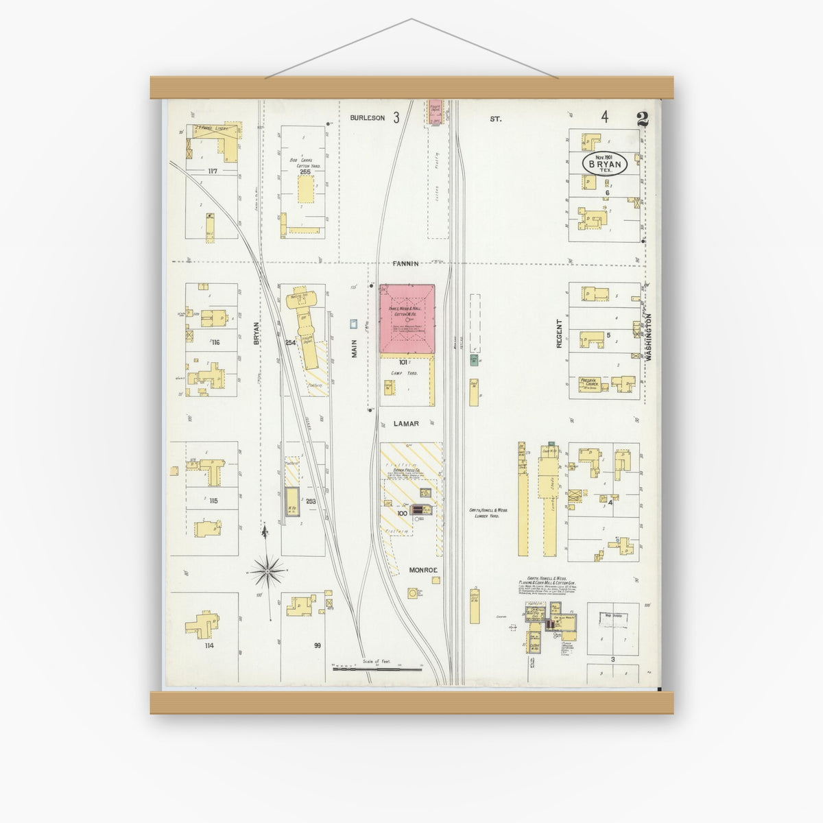 Old map wall art mockup — magnetic wood frame on white wall — Sanborn Fire Insurance Map from Bryan, Brazos County, Texas (1901), Sheet #0002