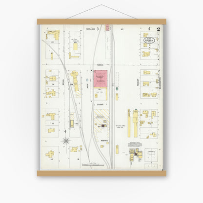Old map wall art mockup — magnetic wood frame on white wall — Sanborn Fire Insurance Map from Bryan, Brazos County, Texas (1901), Sheet #0002