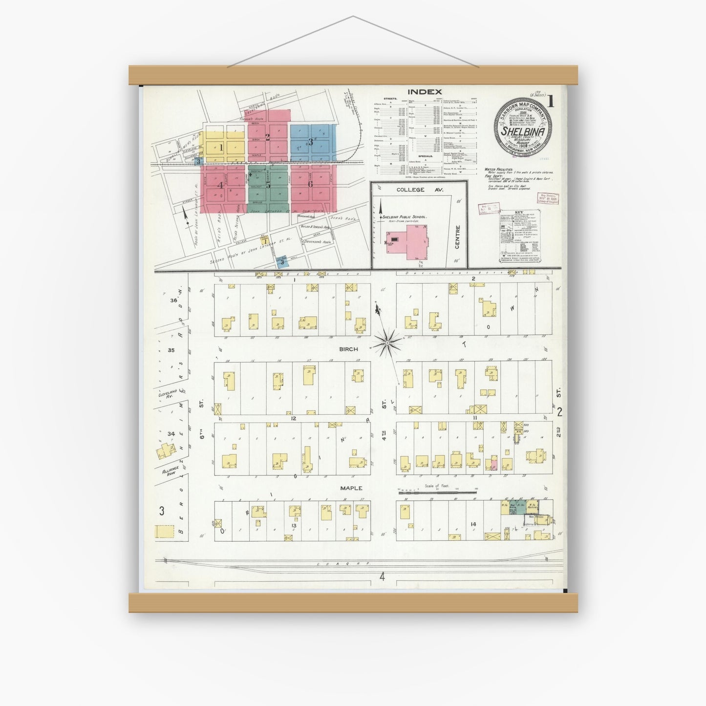 Old map wall art mockup — magnetic wood frame on white wall — Sanborn Fire Insurance Map from Shelbina, Shelby County, Missouri (1909), Sheet #0001