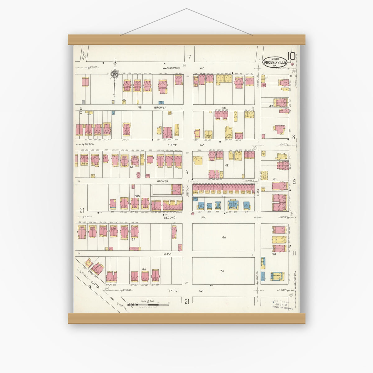 Old map wall art mockup — magnetic wood frame on white wall — Sanborn Fire Insurance Map from Phoenixville, Chester County, Pennsylvania (1921), Sheet #0010