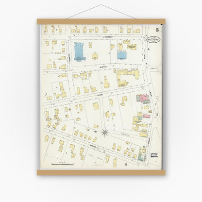 Old map wall art mockup — magnetic wood frame on white wall — Sanborn Fire Insurance Map from Milford, Worcester County, Massachusetts (1897), Sheet #0003