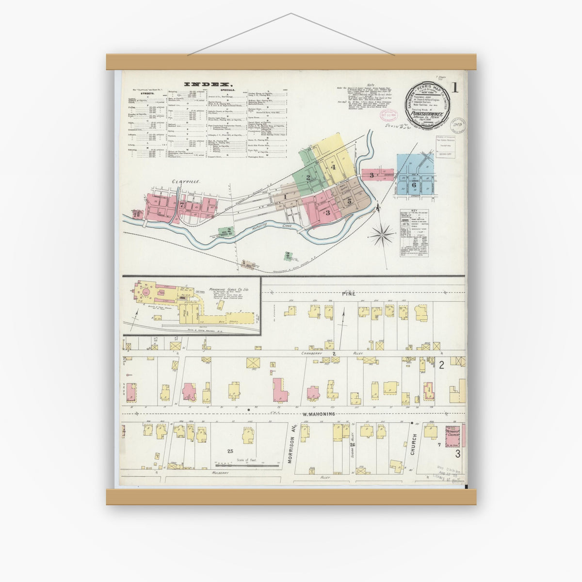 Old map wall art mockup — magnetic wood frame on white wall — Sanborn Fire Insurance Map from Punxsutawney, Jefferson County, Pennsylvania (1896) - Complete Map Set