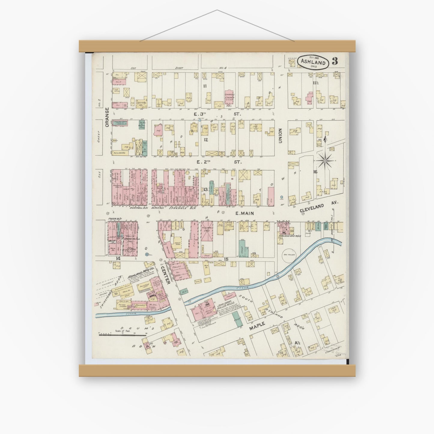 Old map wall art mockup — magnetic wood frame on white wall — Sanborn Fire Insurance Map from Ashland, Ashland County, Ohio (1888), Sheet #0003
