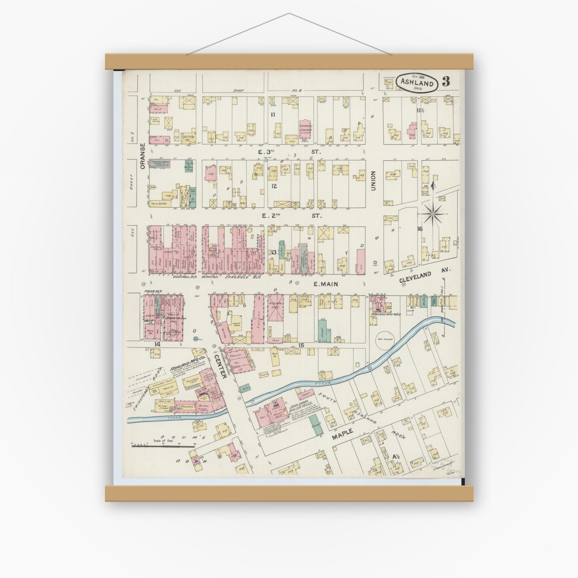 Old map wall art mockup — magnetic wood frame on white wall — Sanborn Fire Insurance Map from Ashland, Ashland County, Ohio (1888), Sheet #0003