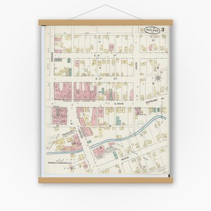 Old map wall art mockup — magnetic wood frame on white wall — Sanborn Fire Insurance Map from Ashland, Ashland County, Ohio (1888), Sheet #0003