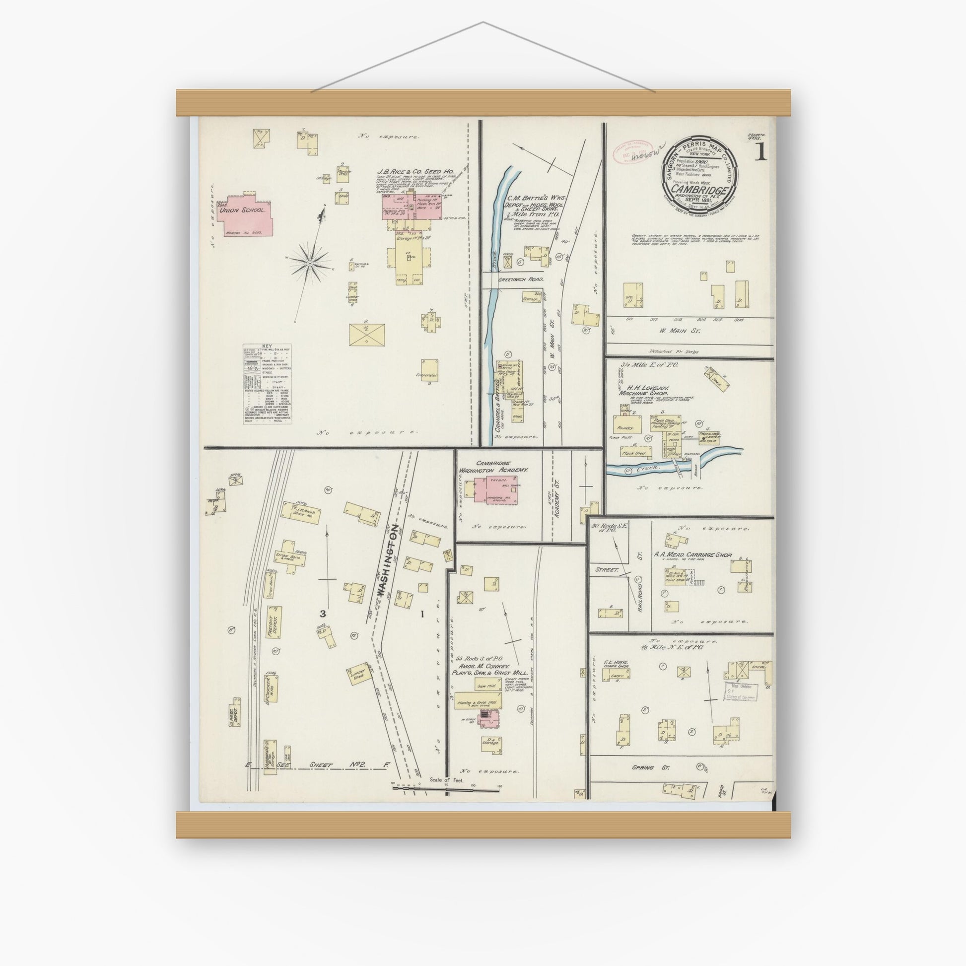 Old map wall art mockup — magnetic wood frame on white wall — Sanborn Fire Insurance Map from Cambridge, Washington County, New York (1891) - Complete Map Set