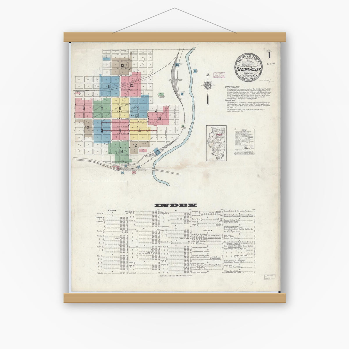 Old map wall art mockup — magnetic wood frame on white wall — Sanborn Fire Insurance Map from Spring Valley, Bureau County, Illinois (1913), Sheet #0001
