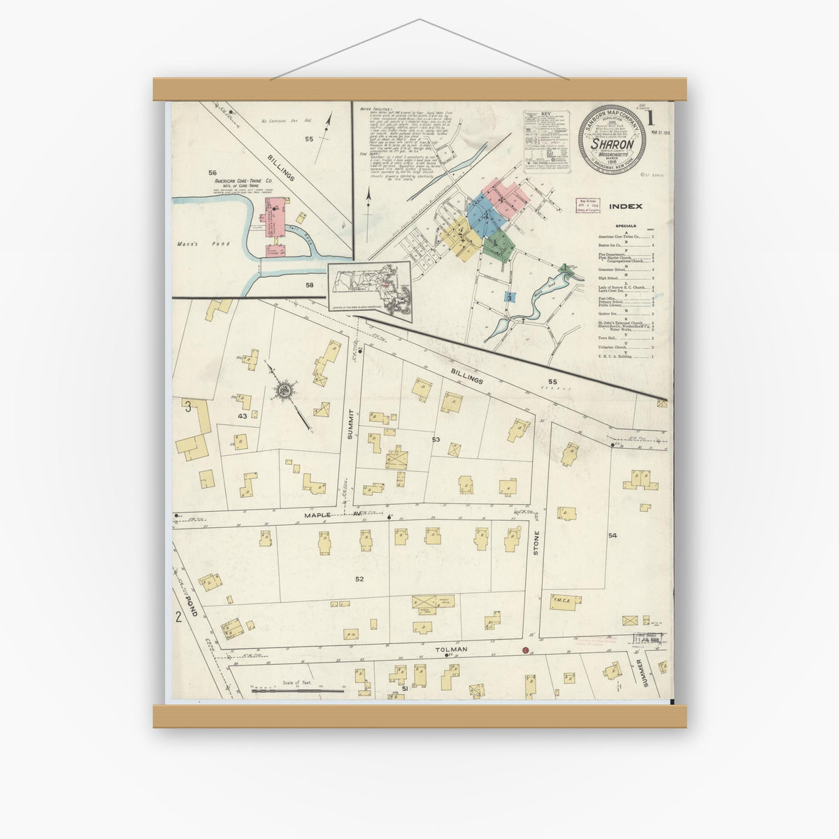 Old map wall art mockup — magnetic wood frame on white wall — Sanborn Fire Insurance Map from Sharon, Norfolk County, Massachusetts (1916) - Complete Map Set