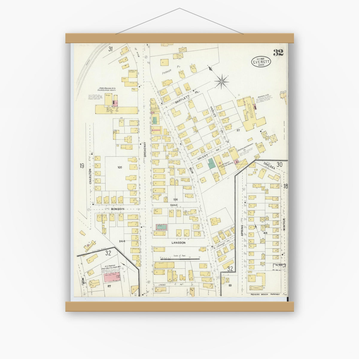 Old map wall art mockup — magnetic wood frame on white wall — Sanborn Fire Insurance Map from Everett, Middlesex County, Massachusetts (1903), Sheet #0032