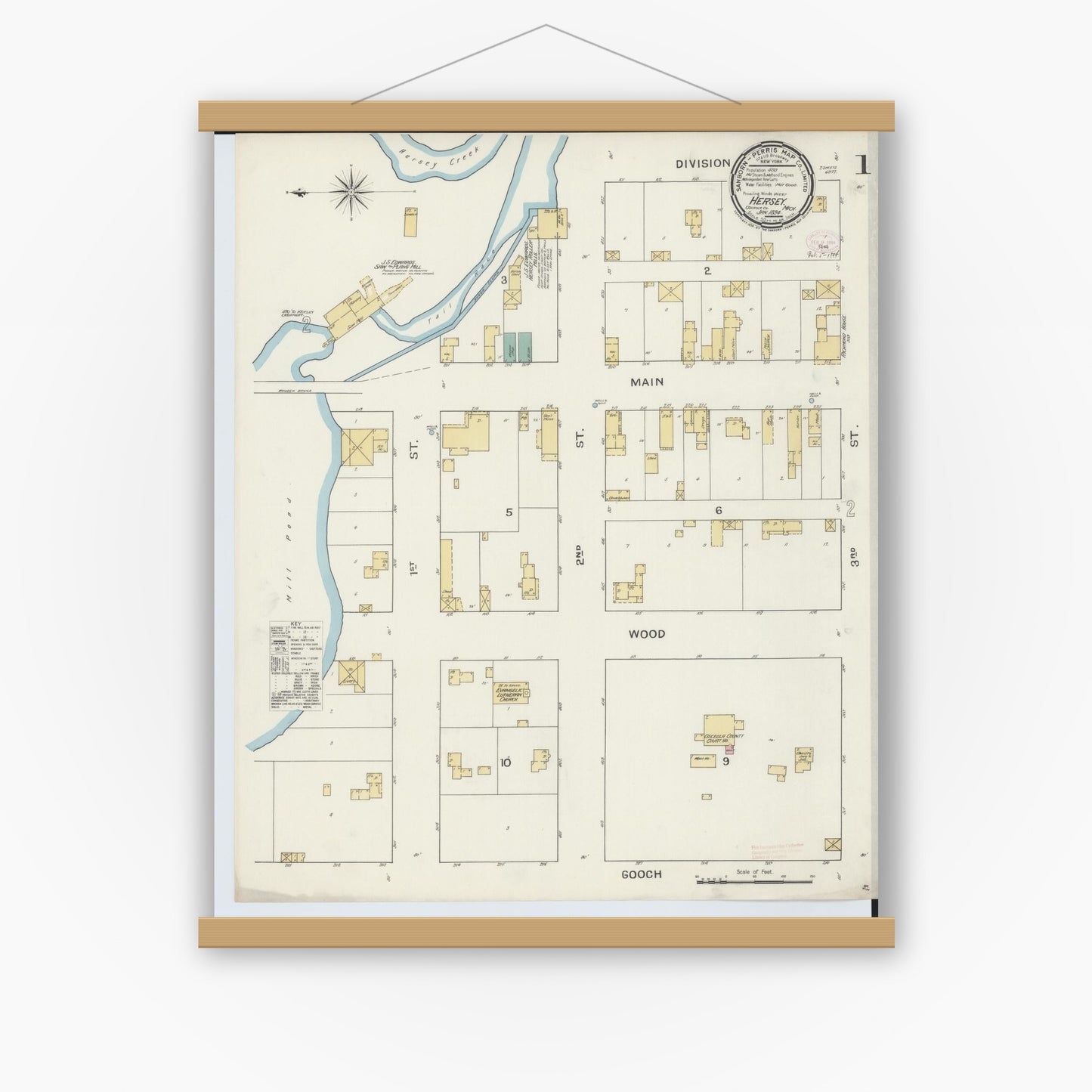 Old map wall art mockup — magnetic wood frame on white wall — Sanborn Fire Insurance Map from Hersey, Osceola County, Michigan (1894), Sheet #0001