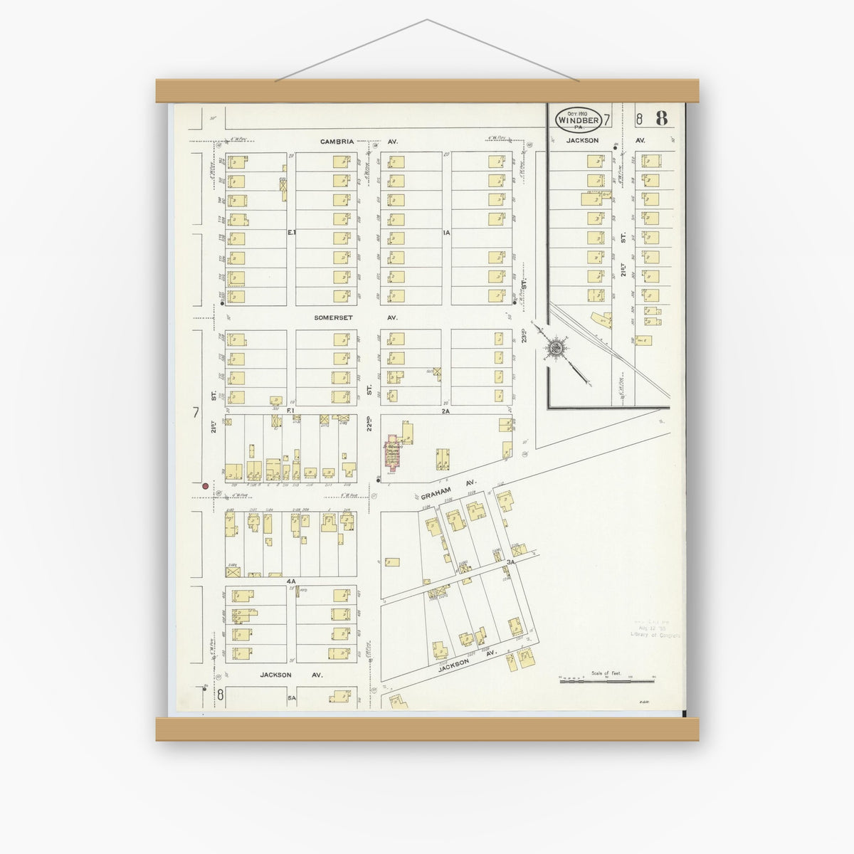 Old map wall art mockup — magnetic wood frame on white wall — Sanborn Fire Insurance Map from Windber, Somerset County, Pennsylvania (1910), Sheet #0008