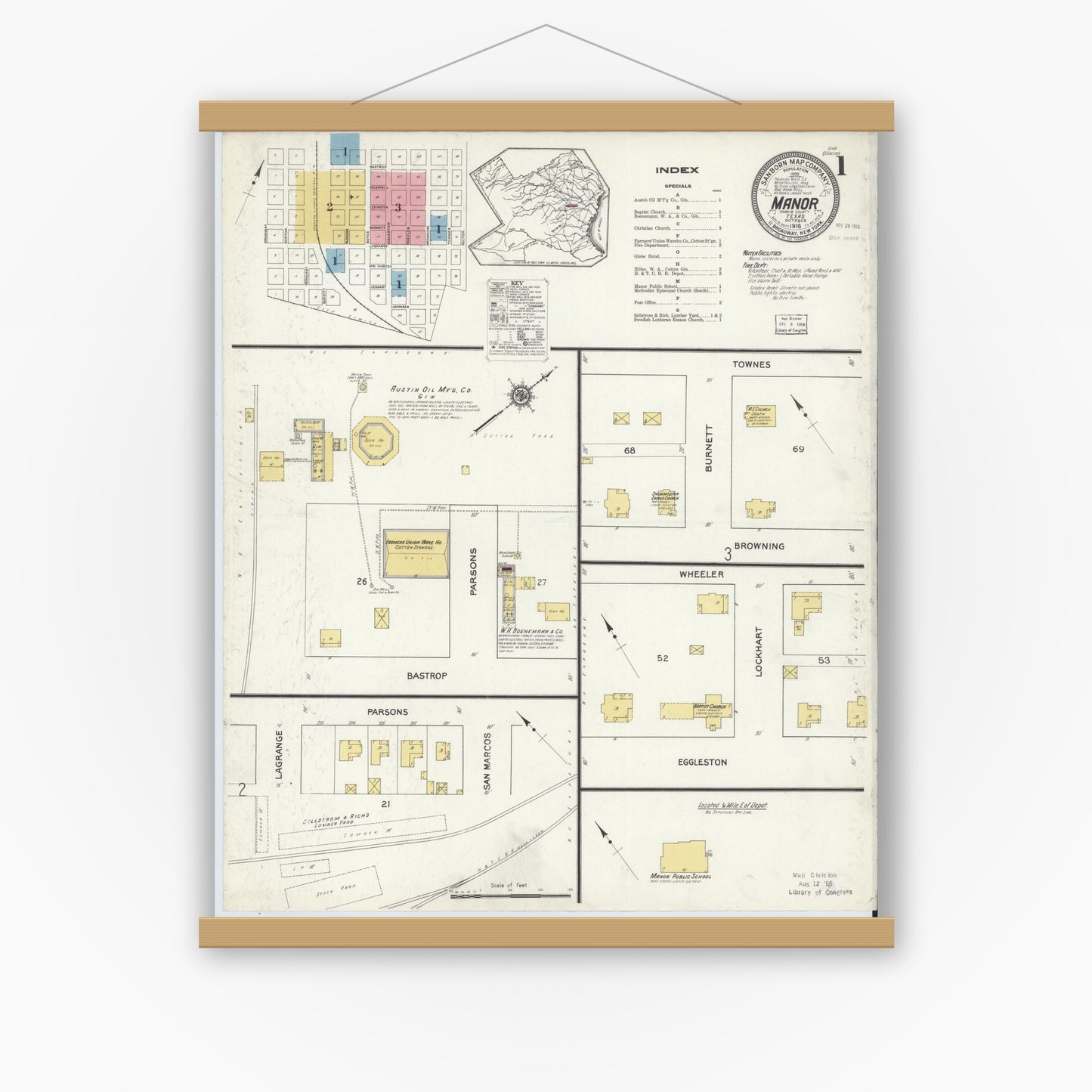 Old map wall art mockup — magnetic wood frame on white wall — Sanborn Fire Insurance Map from Manor, Travis County, Texas (1916), Sheet #0001