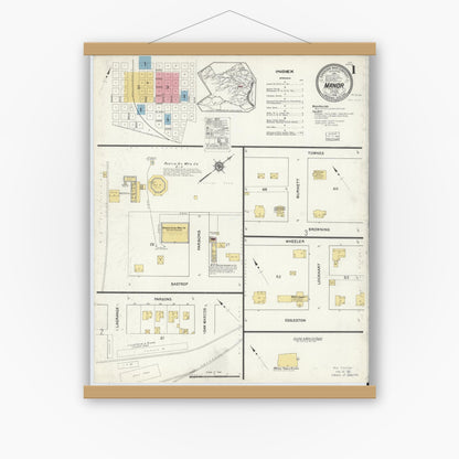 Old map wall art mockup — magnetic wood frame on white wall — Sanborn Fire Insurance Map from Manor, Travis County, Texas (1916), Sheet #0001