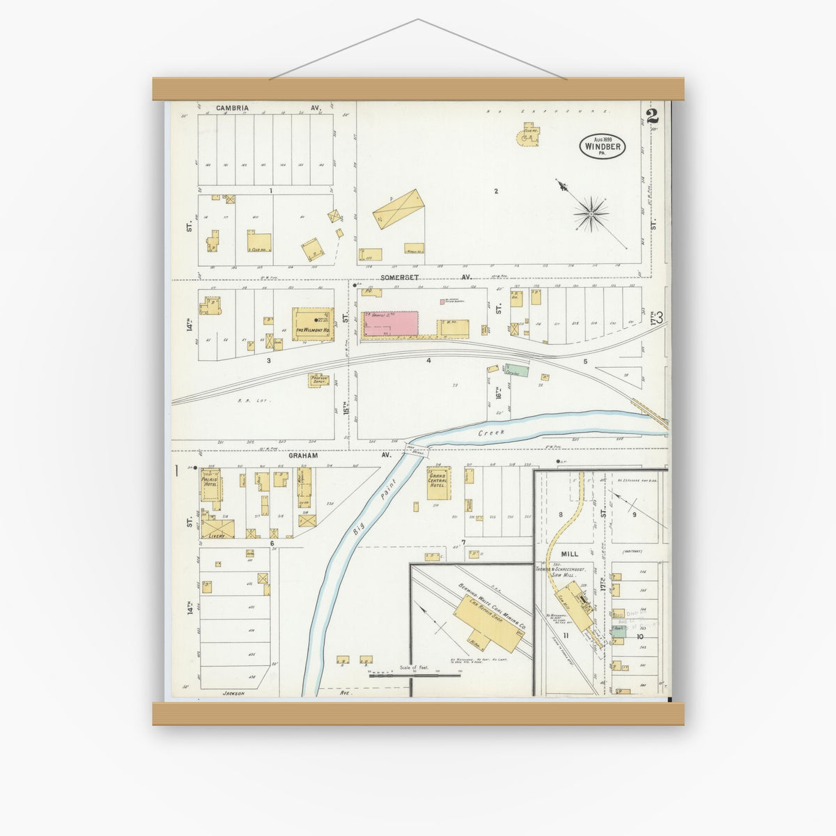 Old map wall art mockup — magnetic wood frame on white wall — Sanborn Fire Insurance Map from Windber, Somerset County, Pennsylvania (1899), Sheet #0002