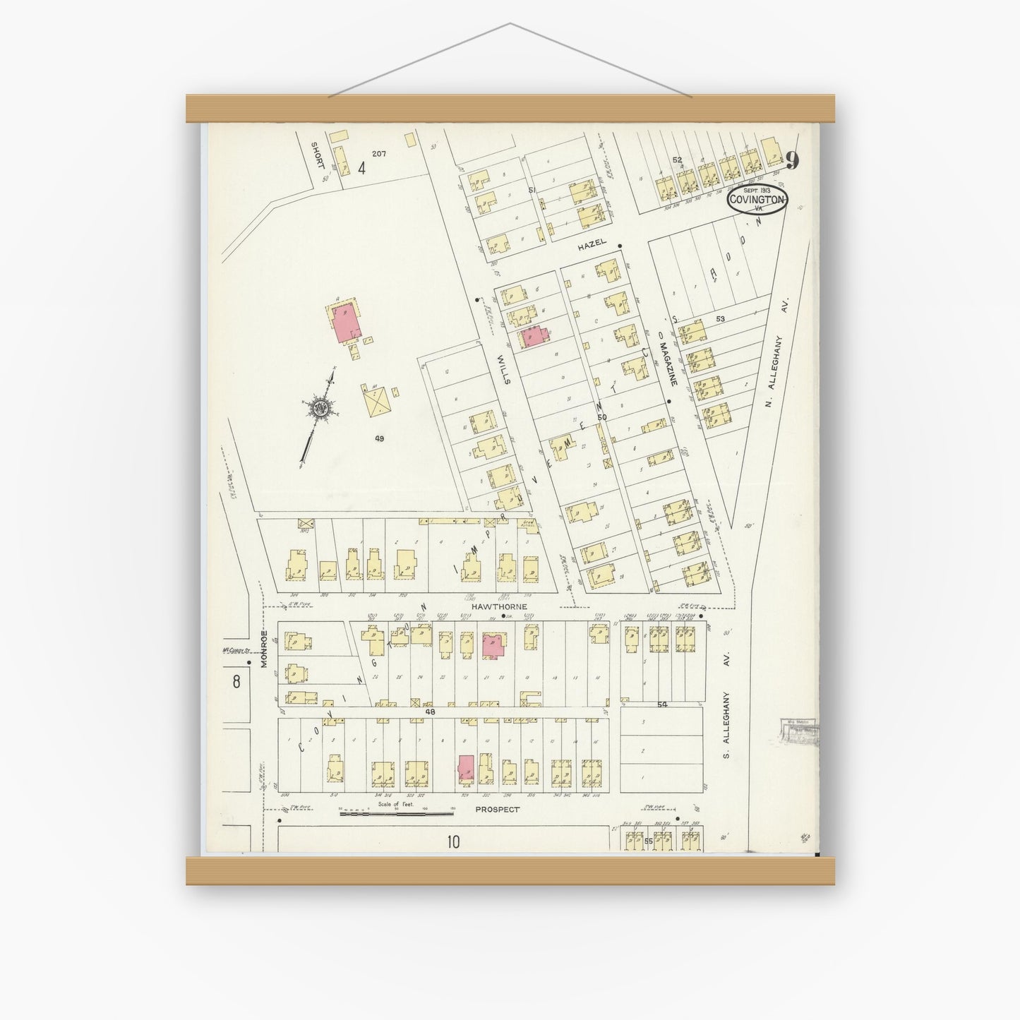 Old map wall art mockup — magnetic wood frame on white wall — Sanborn Fire Insurance Map from Covington, Independent Cities, Virginia (1913), Sheet #0009