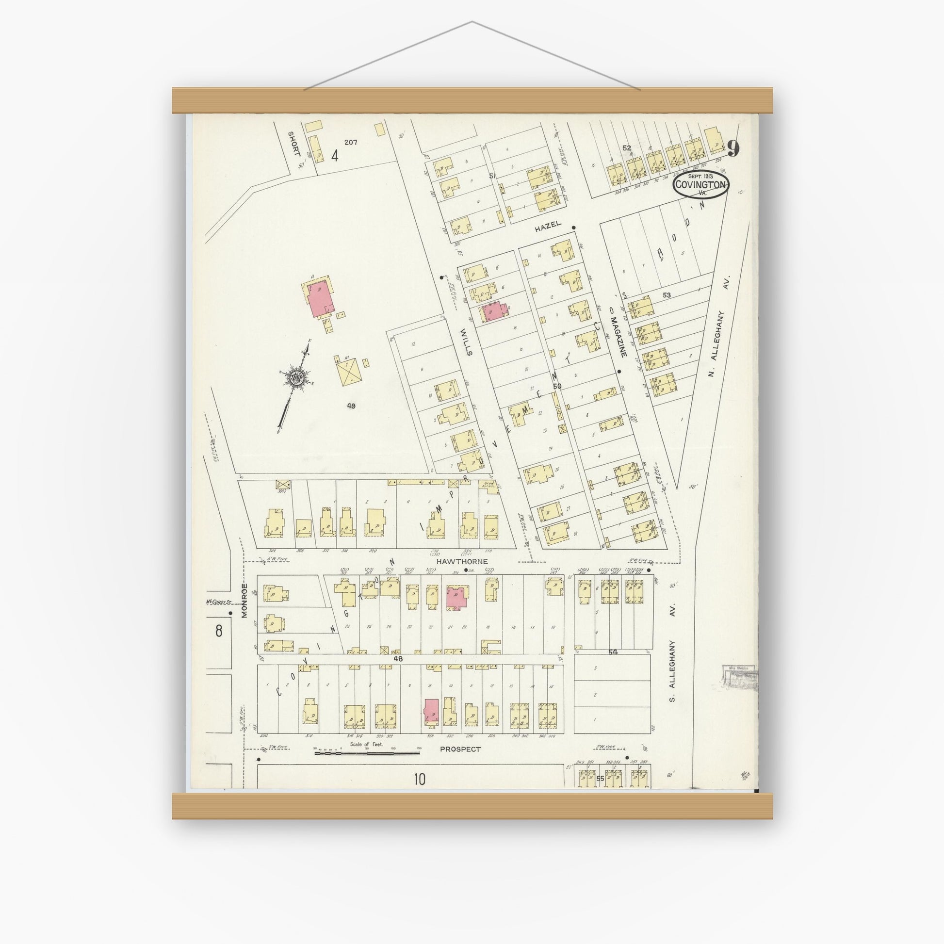 Old map wall art mockup — magnetic wood frame on white wall — Sanborn Fire Insurance Map from Covington, Independent Cities, Virginia (1913), Sheet #0009
