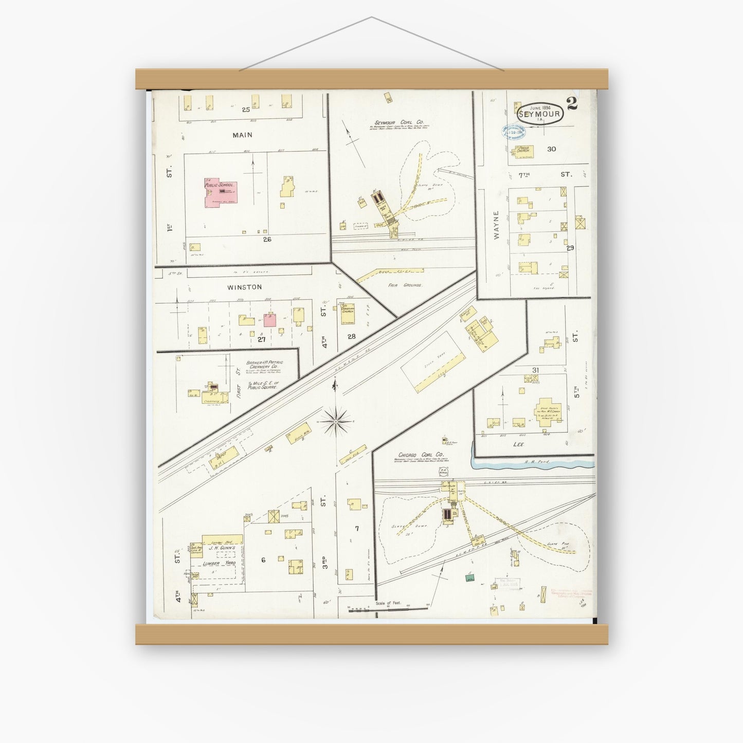 Old map wall art mockup — magnetic wood frame on white wall — Sanborn Fire Insurance Map from Seymour, Wayne County, Iowa (1894), Sheet #0002