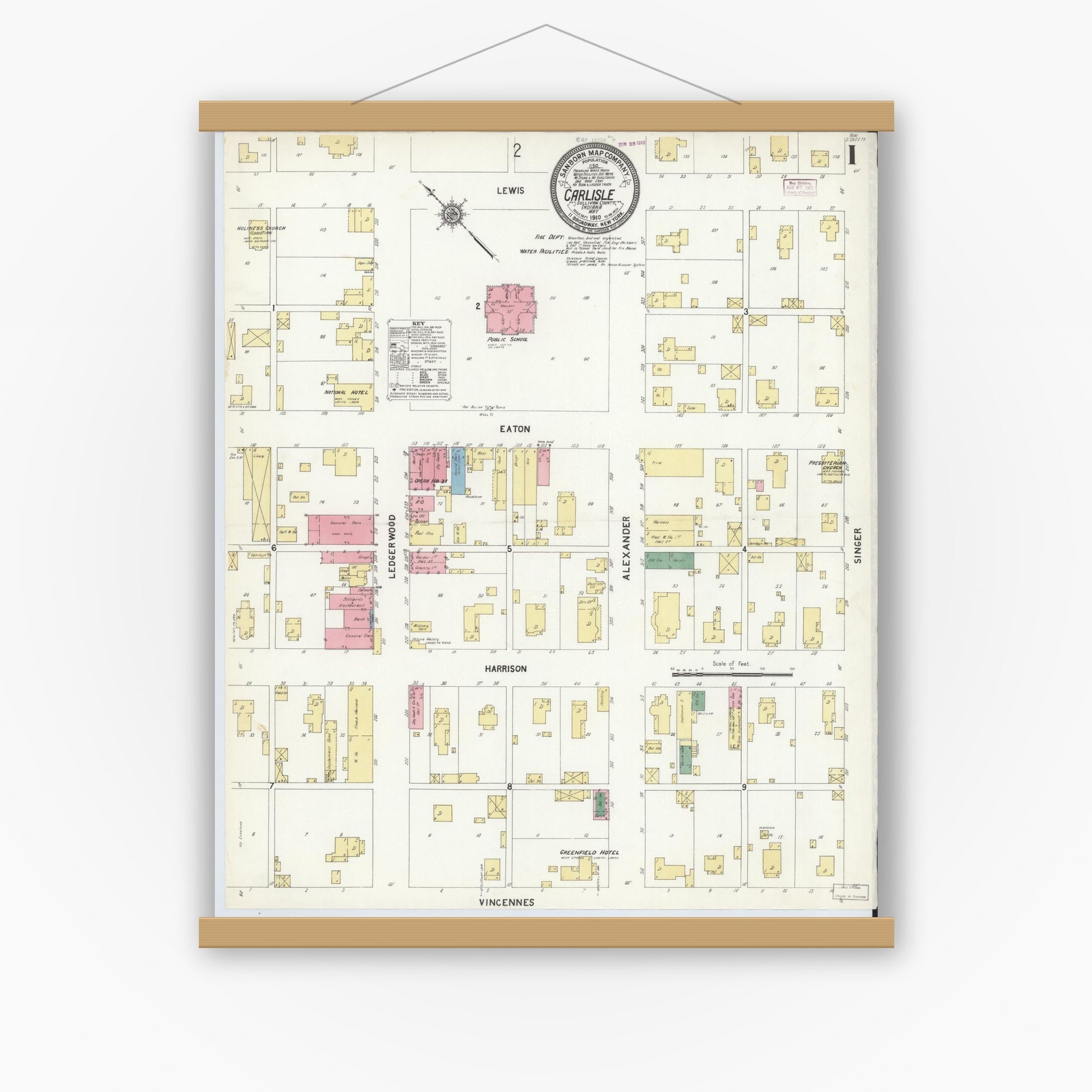 Old map wall art mockup — magnetic wood frame on white wall — Sanborn Fire Insurance Map from Carlisle, Sullivan County, Indiana (1910) - Complete Map Set