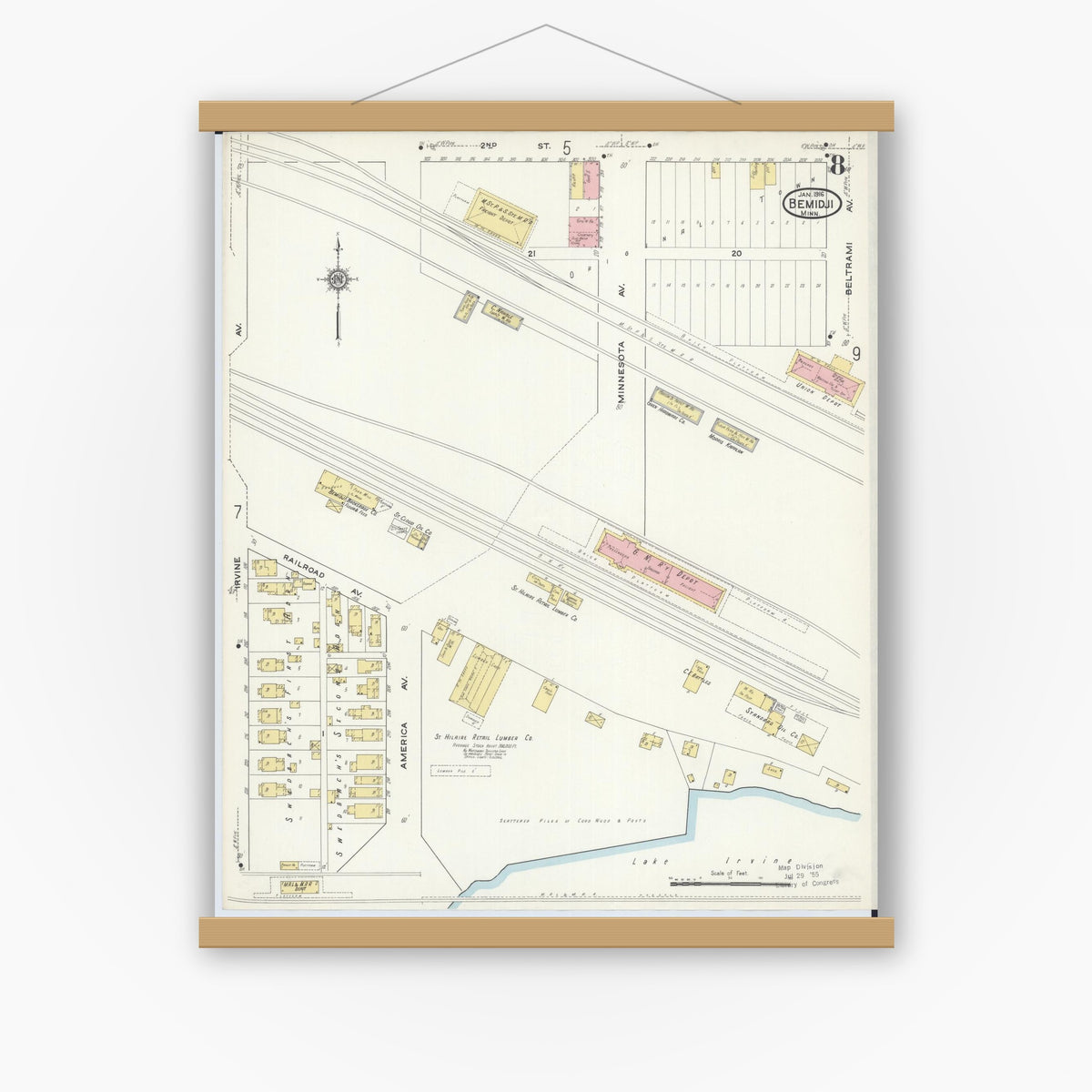 Old map wall art mockup — magnetic wood frame on white wall — Sanborn Fire Insurance Map from Bemidji, Beltrami County, Minnesota (1916), Sheet #0008