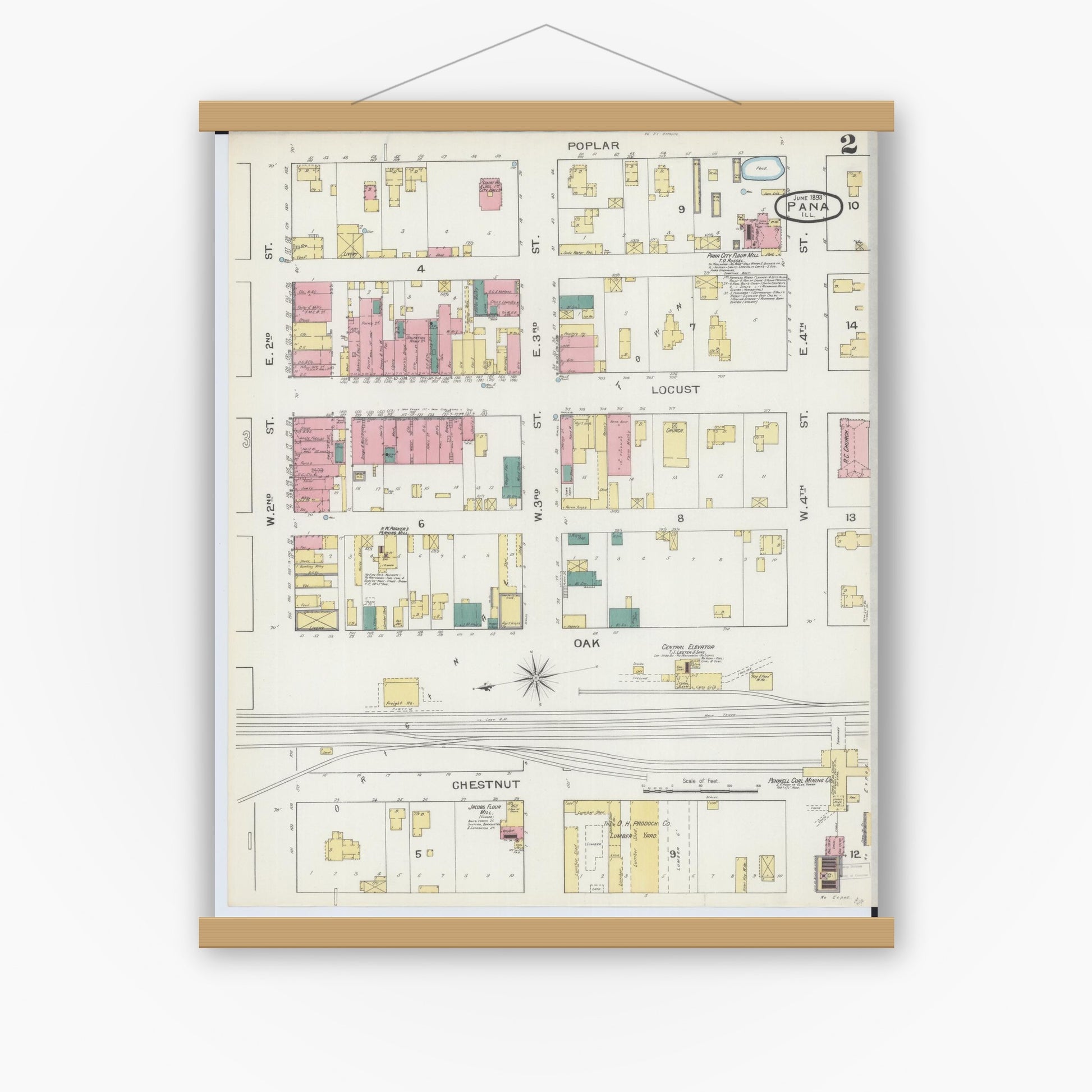 Old map wall art mockup — magnetic wood frame on white wall — Sanborn Fire Insurance Map from Pana, Christian County, Illinois (1893), Sheet #0002